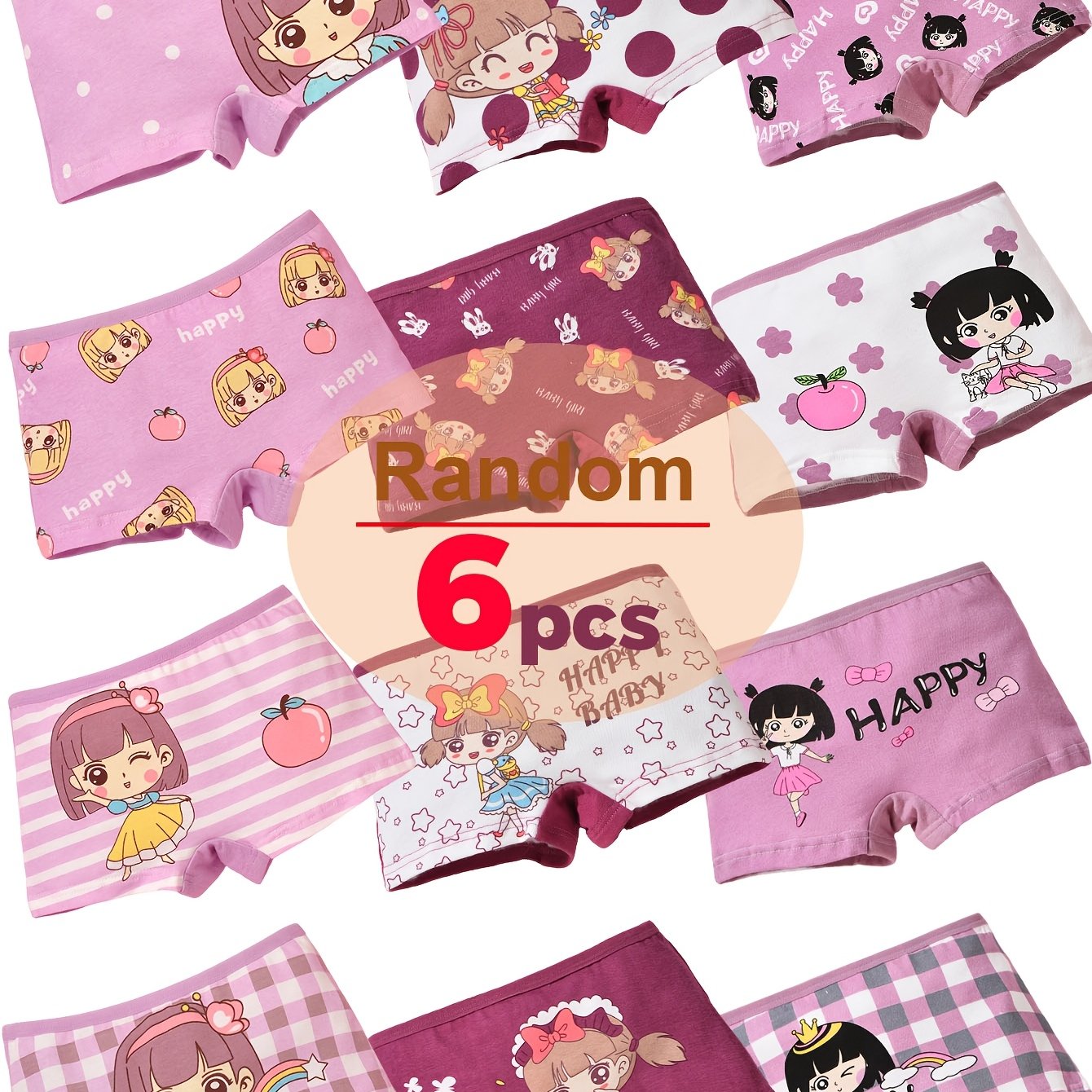 Image of 6pcs Random Color, Children Printed Panty Underwear, Kids Girl Cartoon Boxer Panties, Breathable And Soft