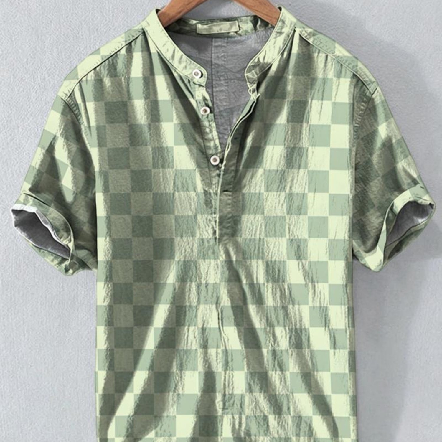 Image of Men's Henley Shirt, Checkered Pattern (pale Yellow And ), Polyester Fabric, Mixed Colors, Multiple Sizes , Casual Daily Wear, Comfortable And Stylish