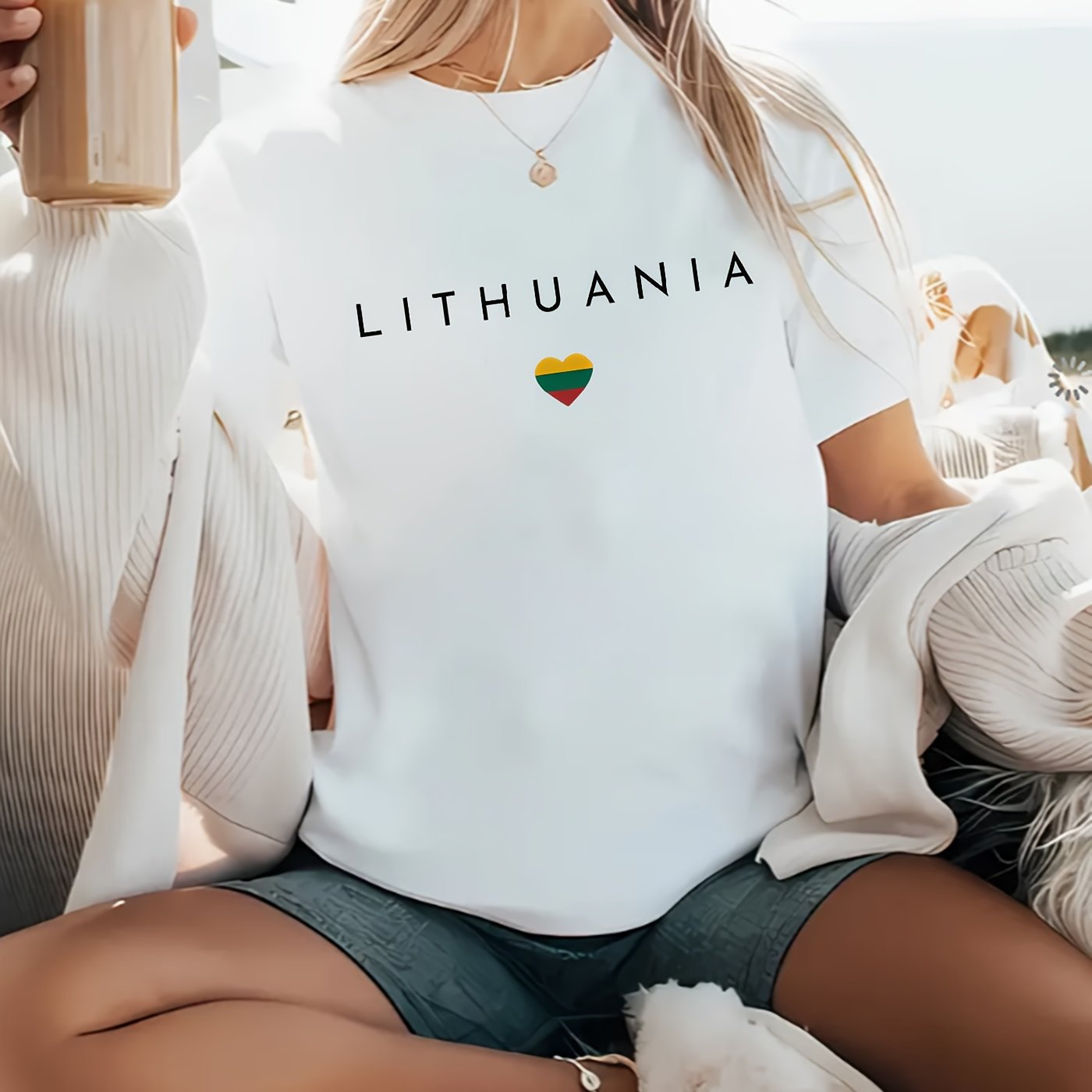 TEMU Lithuania Creative Flag Color Heart, "lithuania", Minimalist Trendy Pattern, Four-season Top, Women's Casual Round Neck Short Sleeve