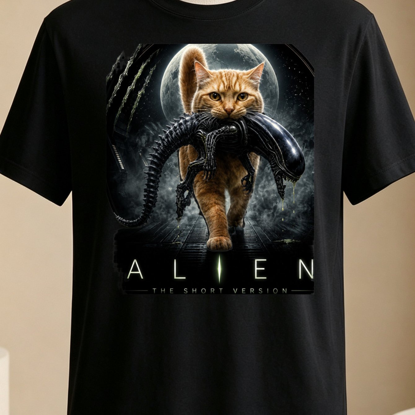 The Short Version Cat Carrying Moon Graphic T-shirt With Cute Parody Style Unisex T-shirt