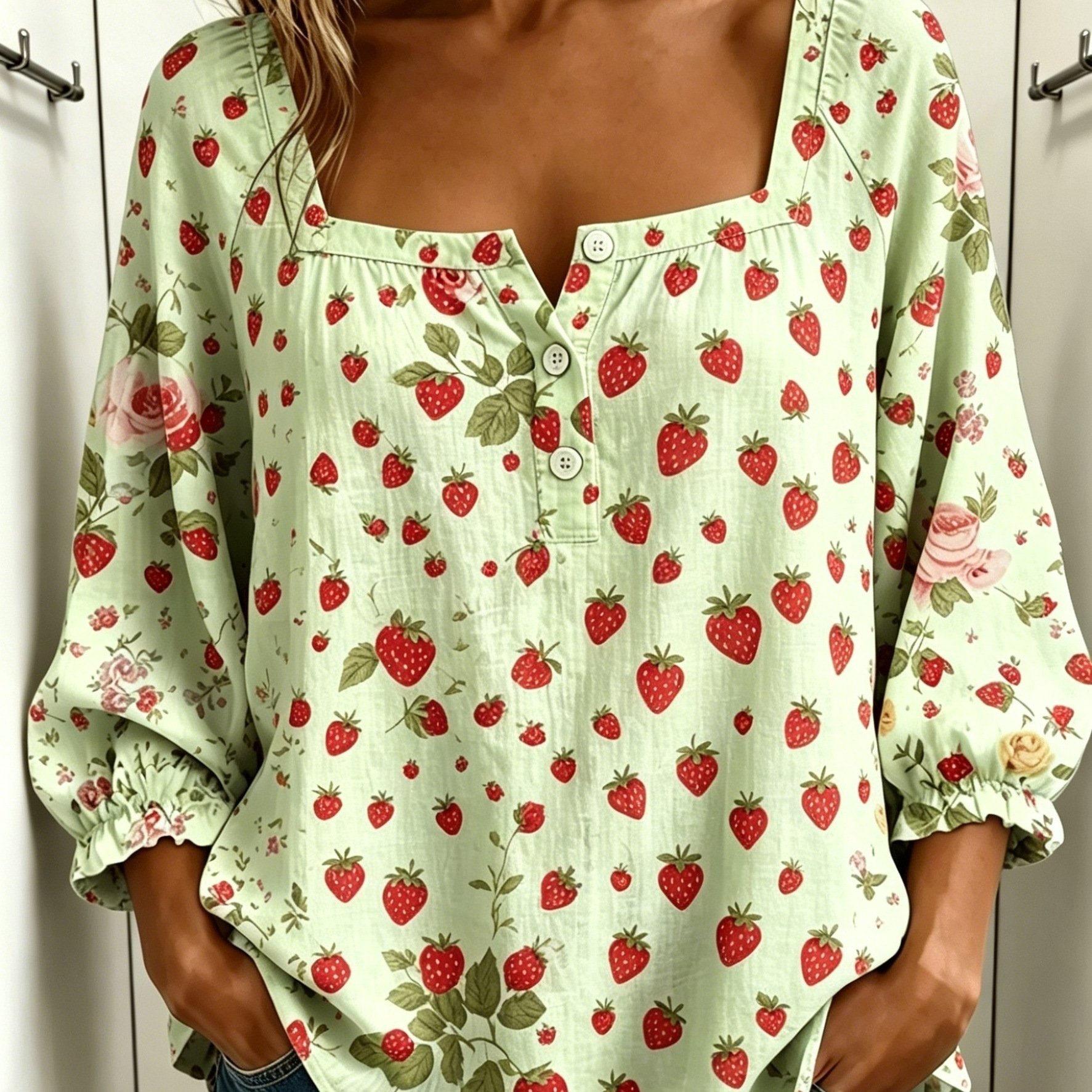 Image of Strawberry Neck Blouse Women's Puff Sleeve Casual Top Loose Fit Summer Shirt