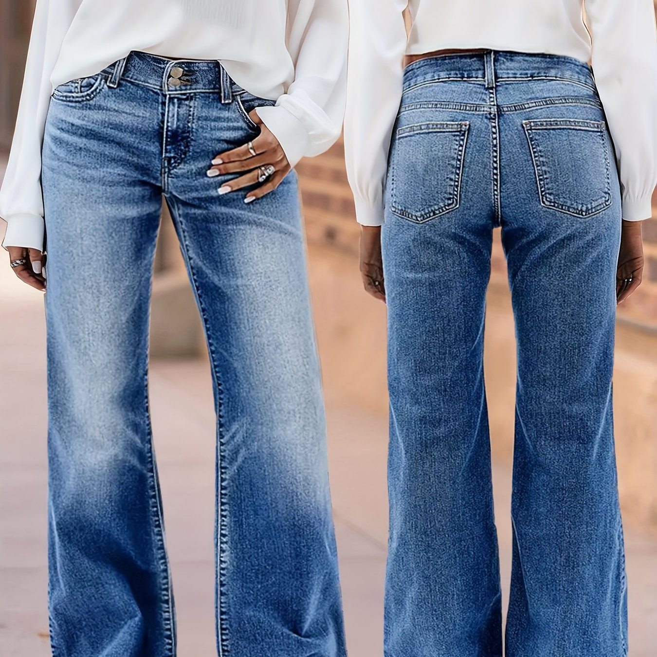 Image of Women's 2025 Slim Jeans: Washed Blue Denim Pants With Multi-button Pocket Details & Flared Leg. Street Style Mid-rise Boyfriend Jeans For And Travel.