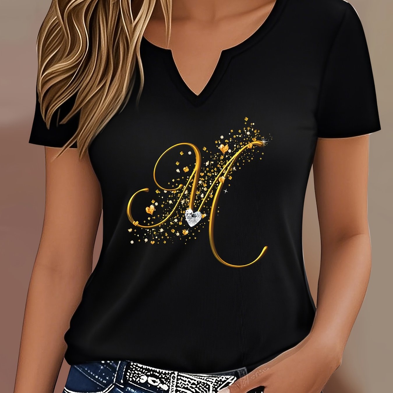 TEMU T-shirt à imprimé de lettres, haut décontracté à manches courtes et col en V pour l'été et , vêtements pour femmes