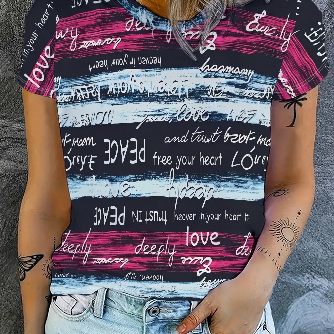 TEMU Summer Women's Short-sleeve T-shirt With English Phrases Like "love," Featuring And Artistic Printed Styles. Made Of Polyester Fiber, -washable
