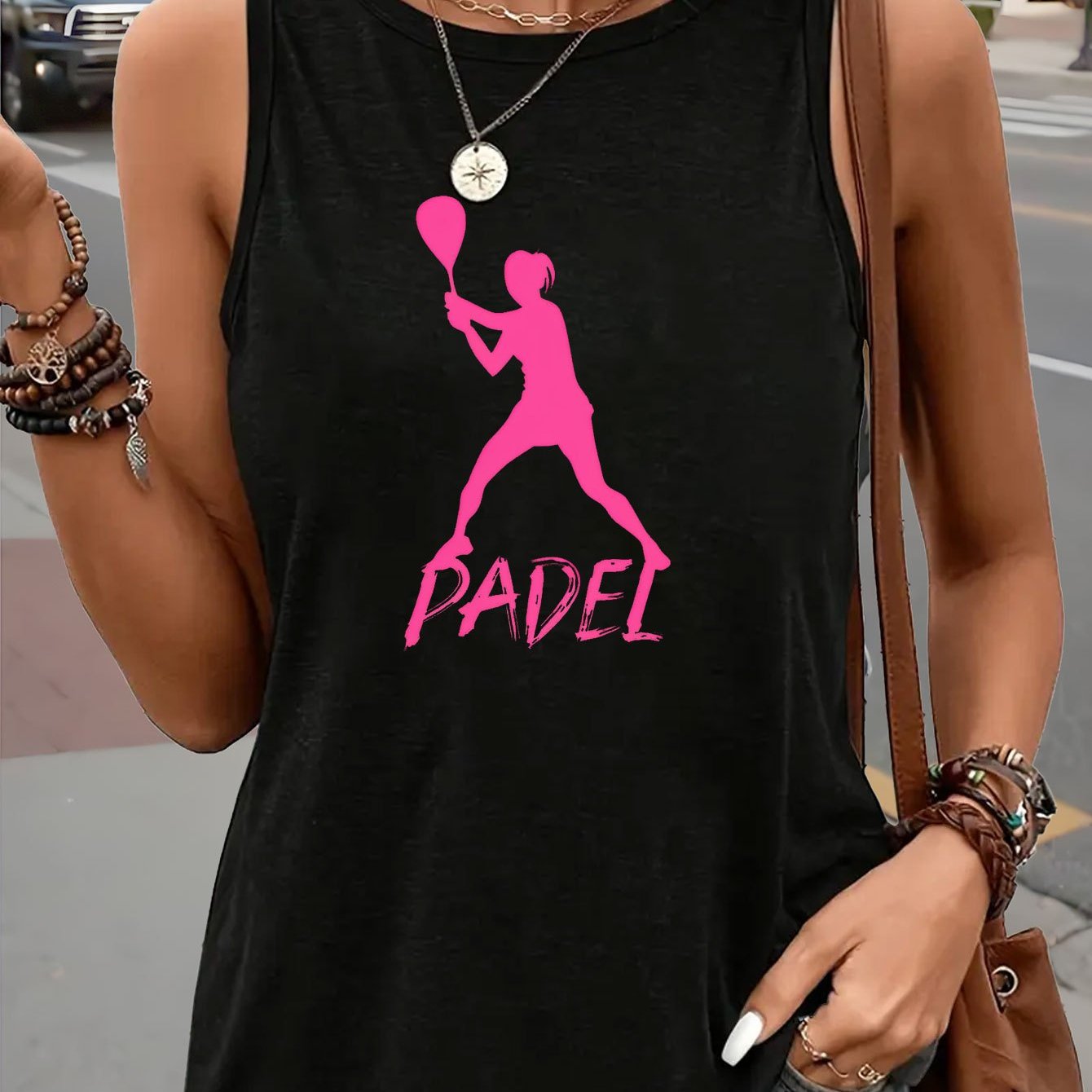 TEMU One-piece Summer Outfit, Y2k Women's Casual Round Neck Sleeveless Vest - Padel Print Pattern, For Spring And Summer - Summer Fashion | Style