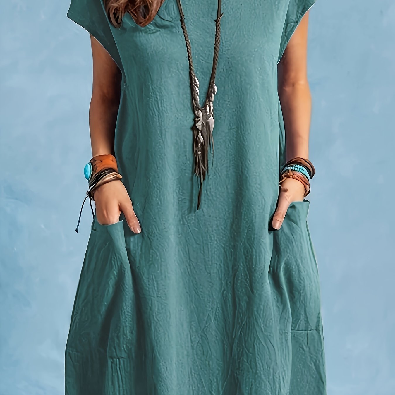 Plus Size - Plus Size - Plus Size Women's Off-the-shoulder Round Neck Batwing Sleeve Casual Pocket Dress