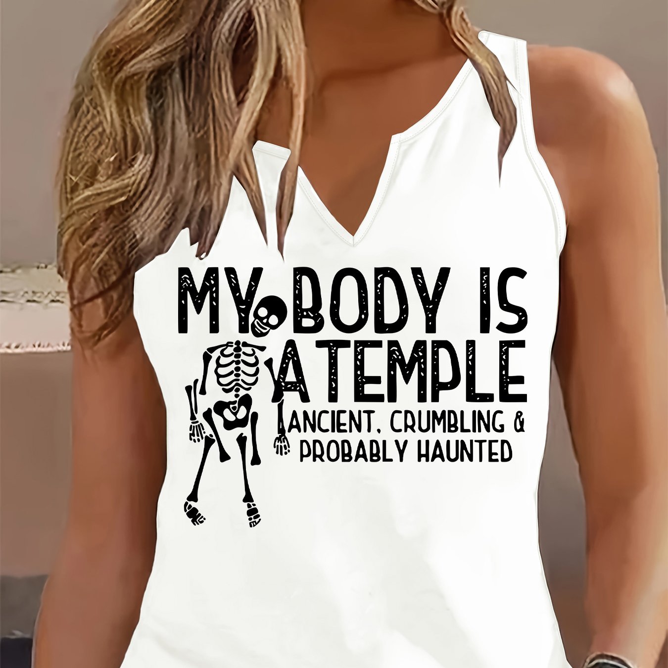 TEMU Women's Sleeveless V-neck Summer With Edgy Gothic Skull Print - Medium-stretch Sleeveless Blouses For Layering, Casual & Dressy Outfits -