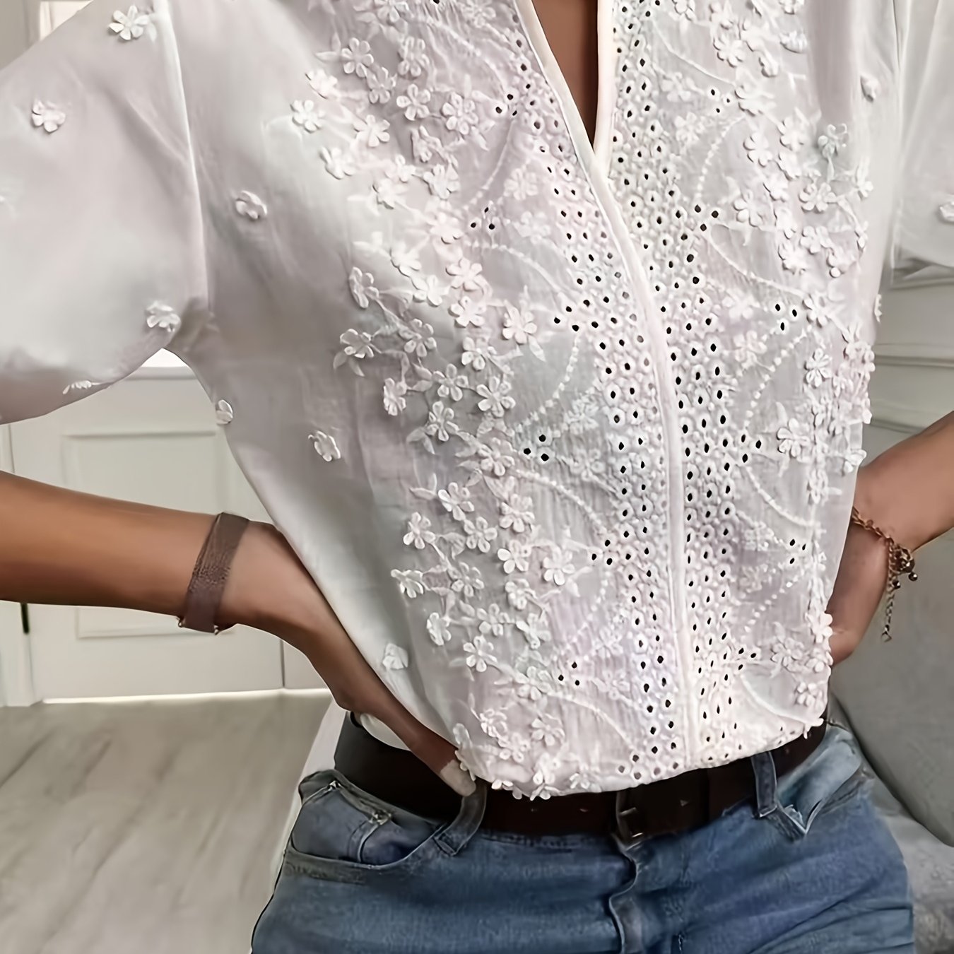TEMU Women's V-neck Stand Collar Embroidered Lace Blouse