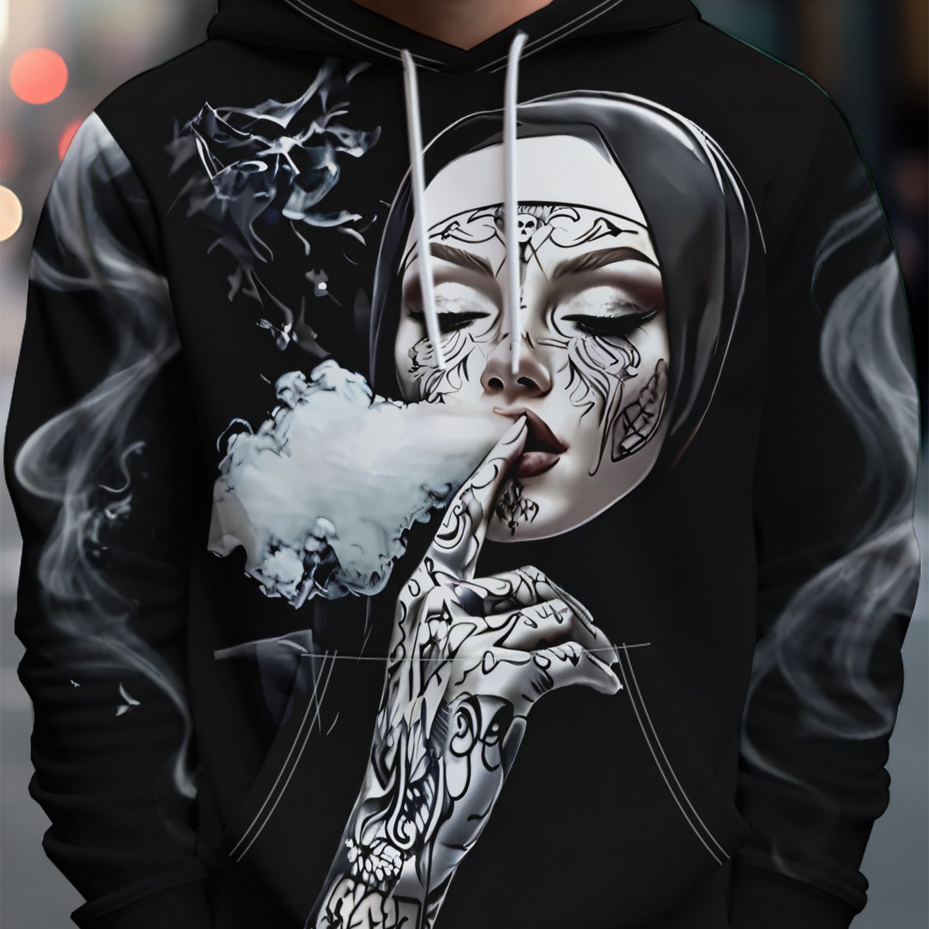 TEMU Men's Individual Style Hooded Sweatshirt With Tattoo Design, Black Robe Face Covering And Smoky Atmosphere - Full Streetwear Aesthetic, Rich And