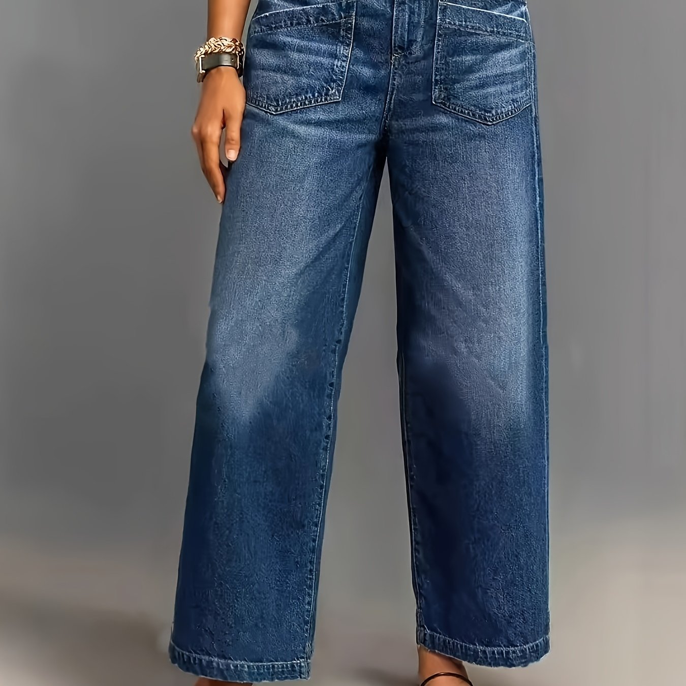 Image of High-waisted Wide-leg Cargo-style Jeans, Women's Relaxed Casual Straight-leg Denim Pants