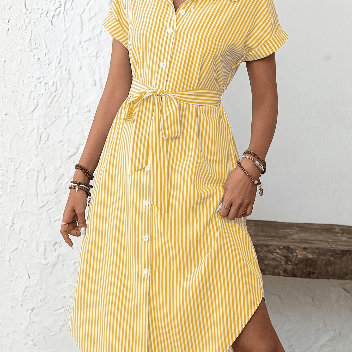 TEMU Robe chemise d'été à manches courtes et rayures, débardeur asymétrique décontracté à boutons et ceinture pour femmes, idéale pour les quotidiens