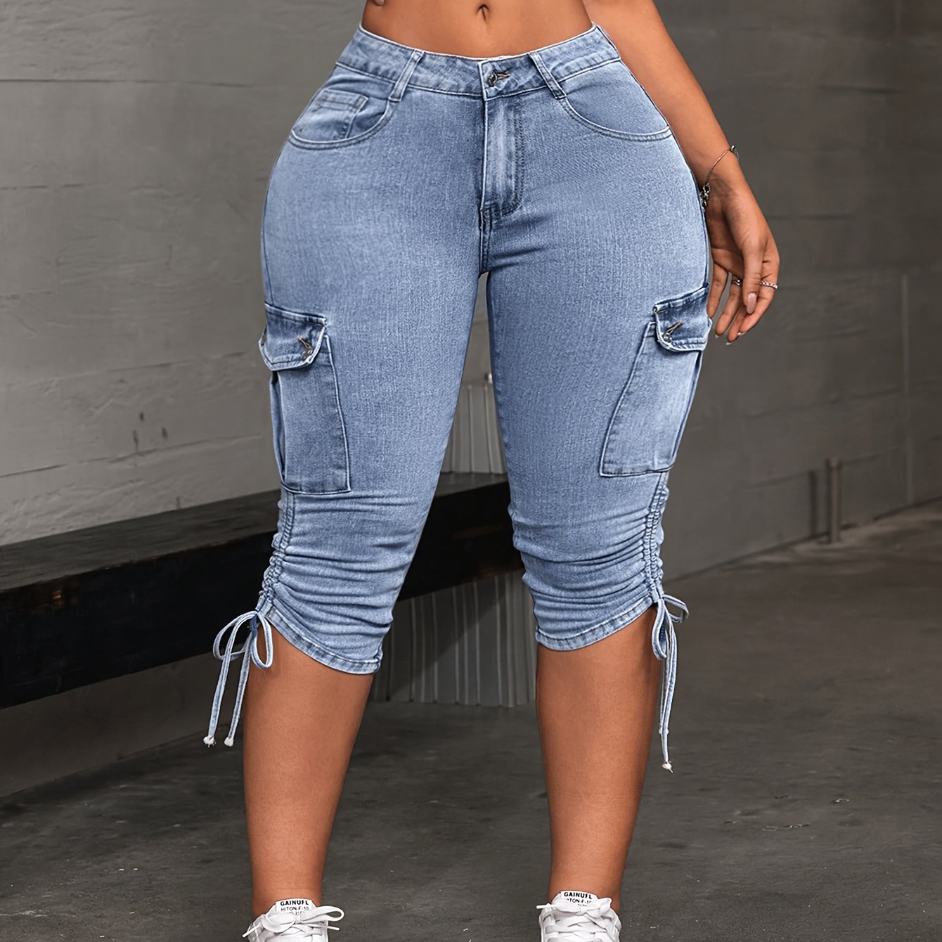 TEMU Women's Plus-size Denim Shorts With Side Pockets And Drawstring Design