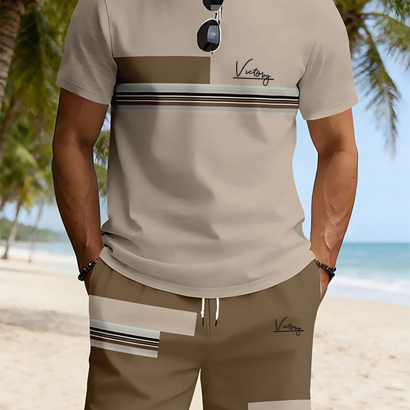 TEMU Men's Trendy Casual Short-sleeve Outfit With A Round Neck And Print Design