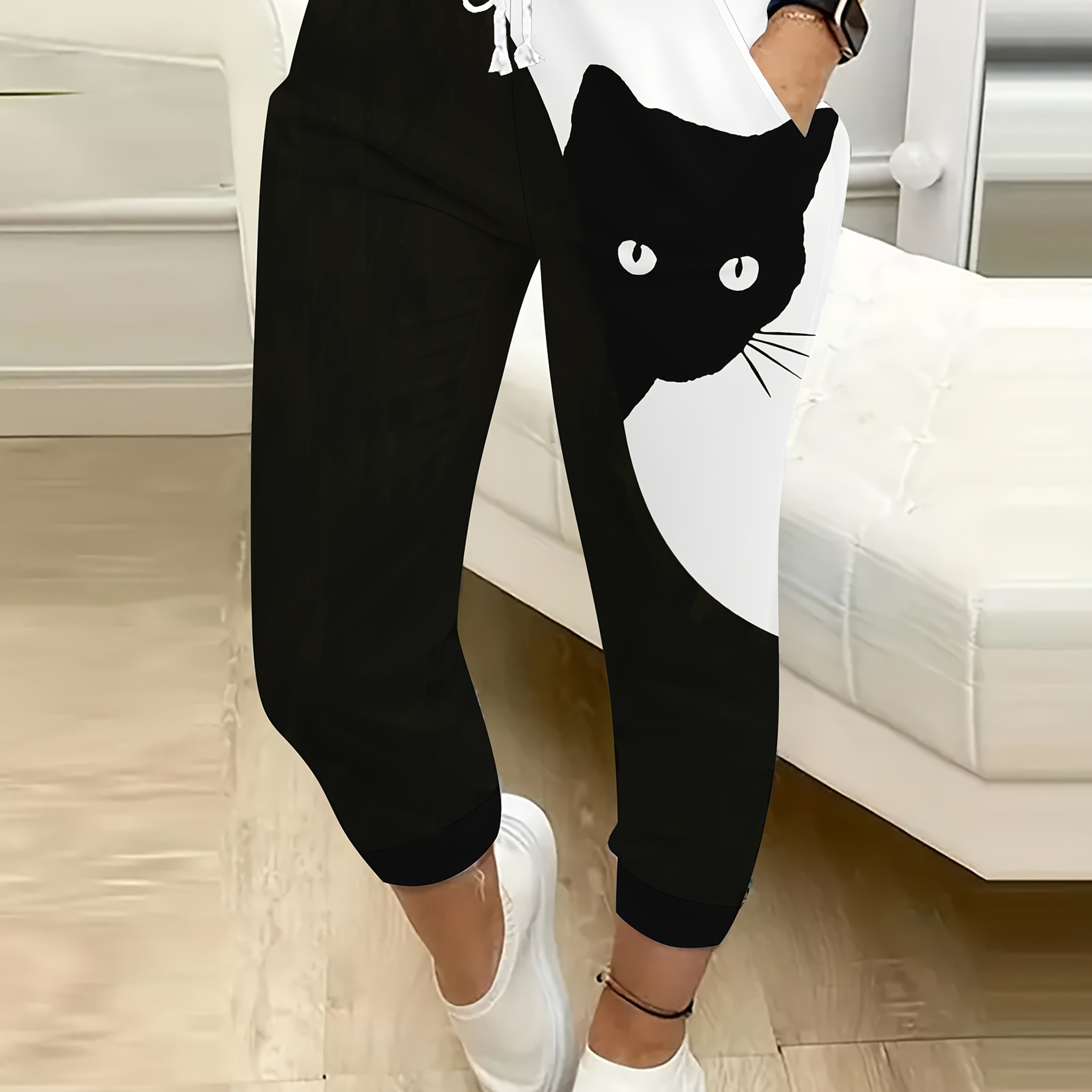 Women's Casual Cat Print Drawstring Pocket Pants