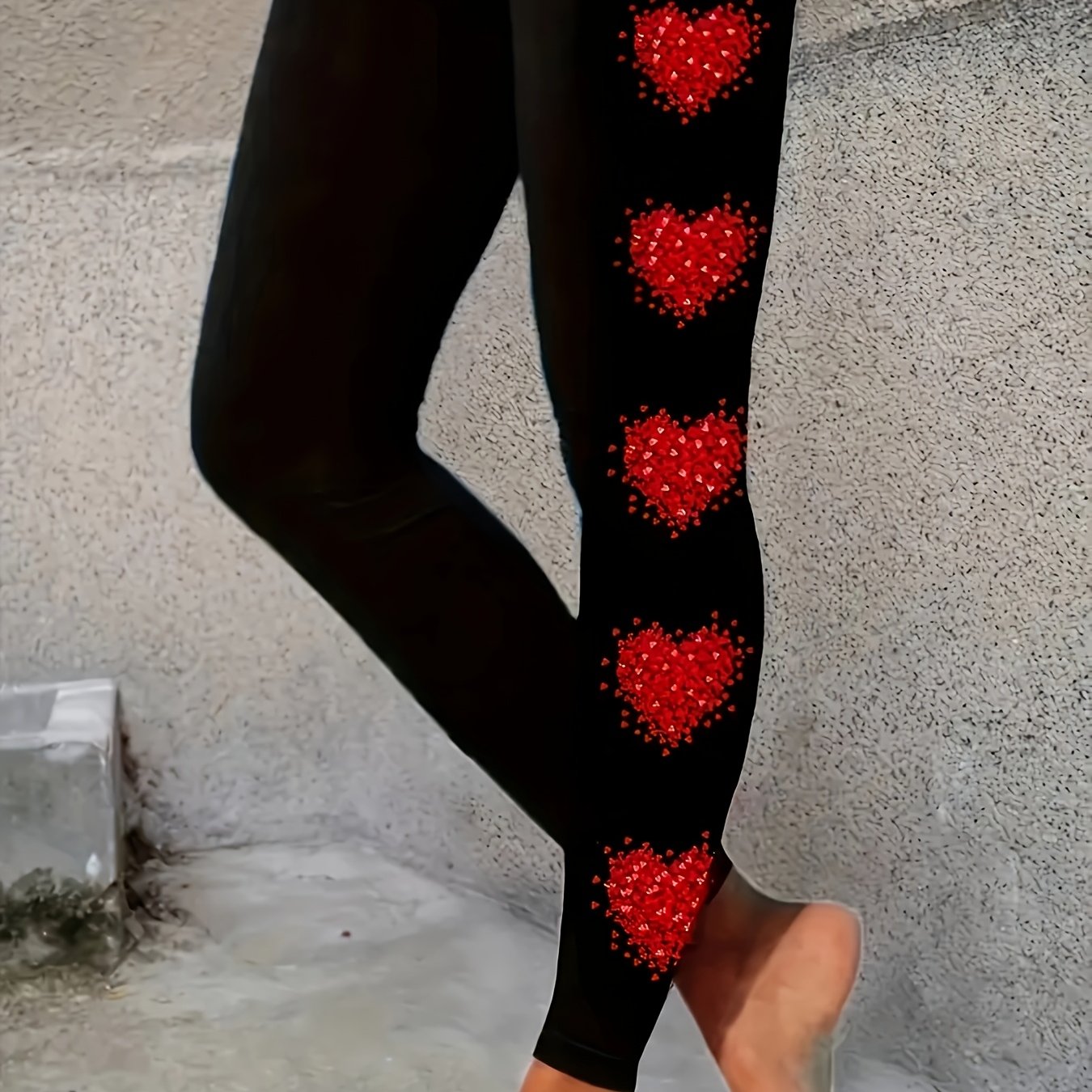 TEMU 1pc Women's High Waist Heart Print Leggings - Casual Knit Polyester Skinny Stretchy For All