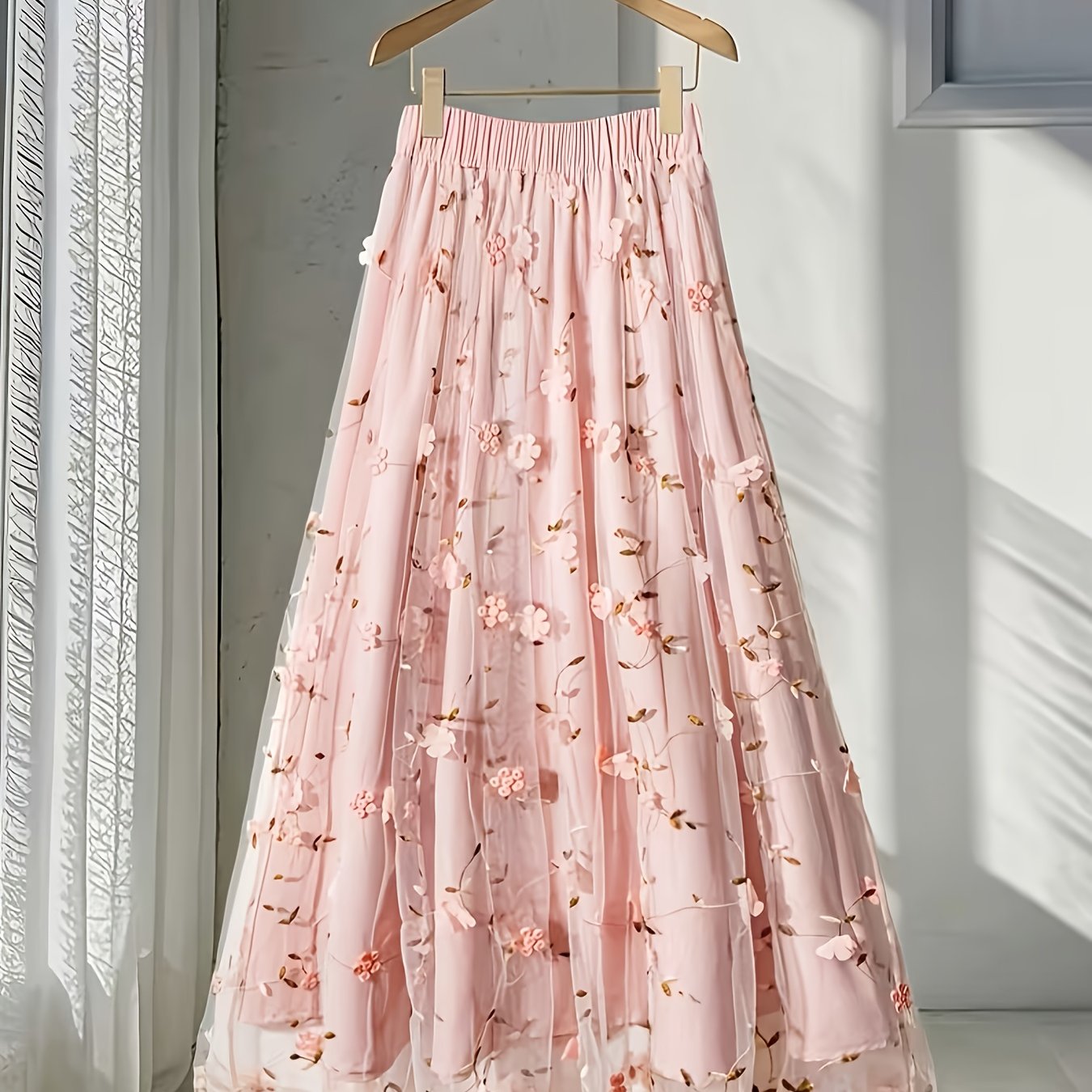 E-shop Eleganter Urlaubs-Spitzenrock für Damen in A-Linie mit floraler Stickerei – Rosa mit weißem Blumenmuster, langes Design, flauschiger Saum,