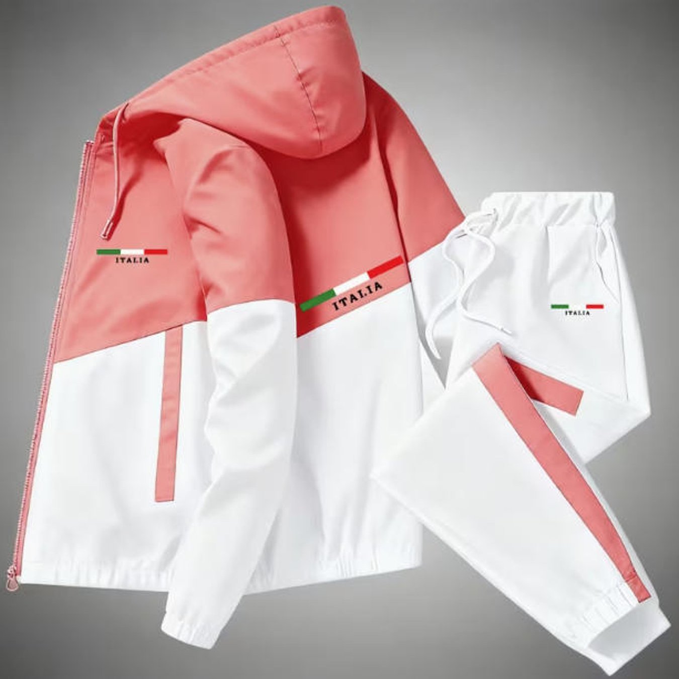 Image of Hooded Men's Tracksuit Set Italian Flag Graphic Casual Sportswear For Adults Men Fall Street Style