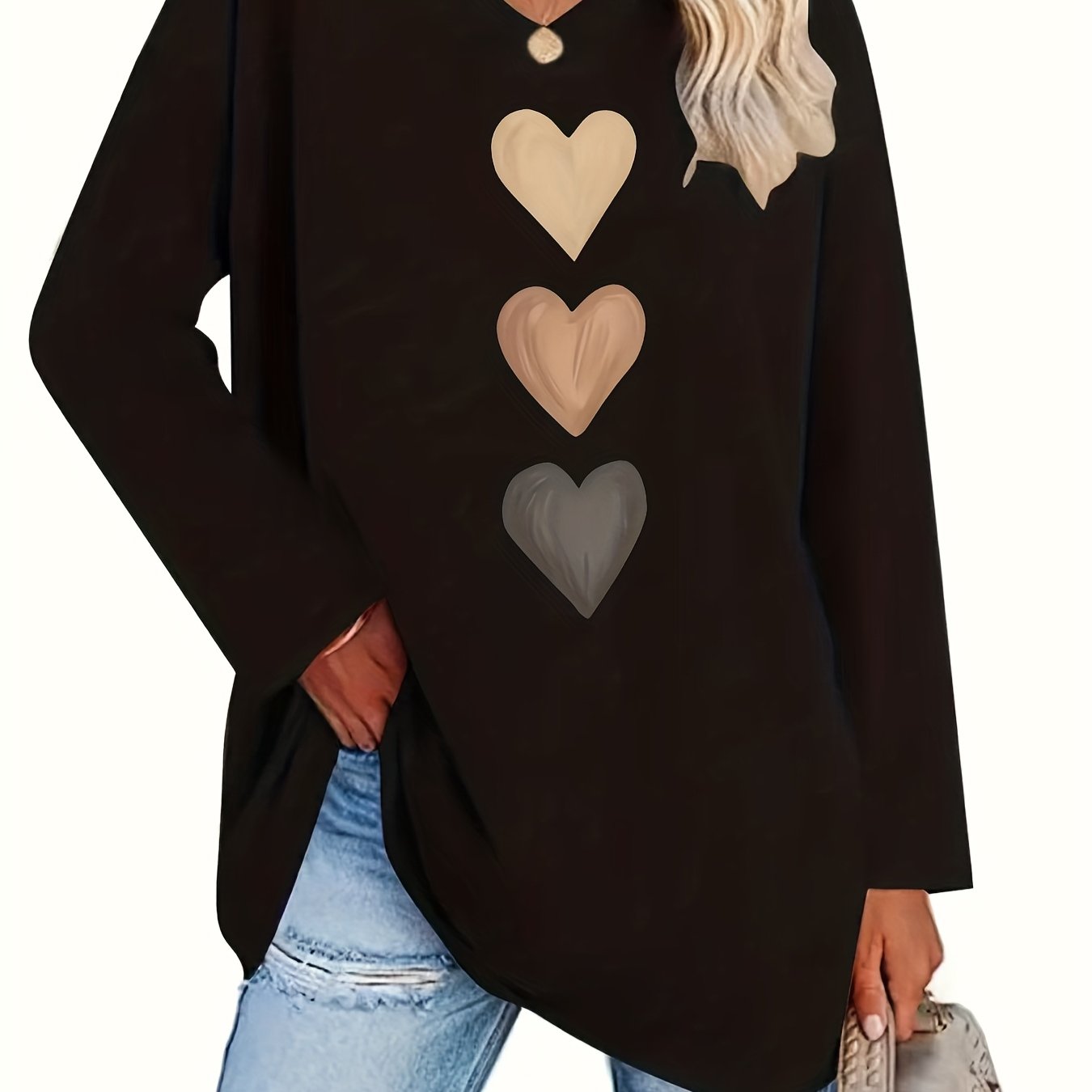 Plus Size, Plus Size Women's Casual V-neck Long Sleeve Heart Print T-shirt - Beige Brown And Light Brown Heart Pattern On Dark Gray, Machine Washable Spring/autumn Top, Women's T-shirt