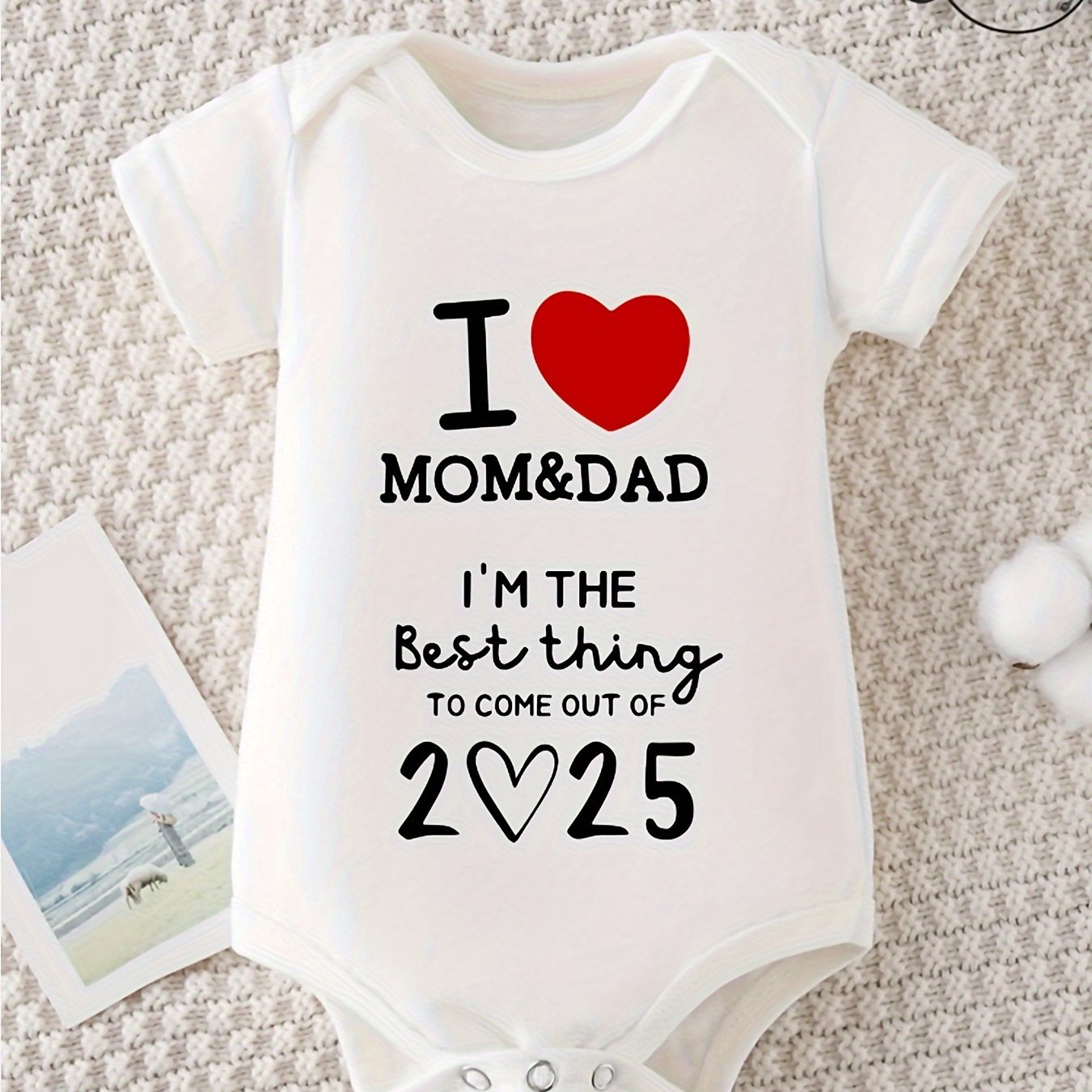 TEMU Cute I Love Mom And Dad Baby Jumpsuit-soft Cotton, Short Sleeve Jumpsuit With Heart Print For Spring/summer, Machine Washable, Baby Jumpsuit For