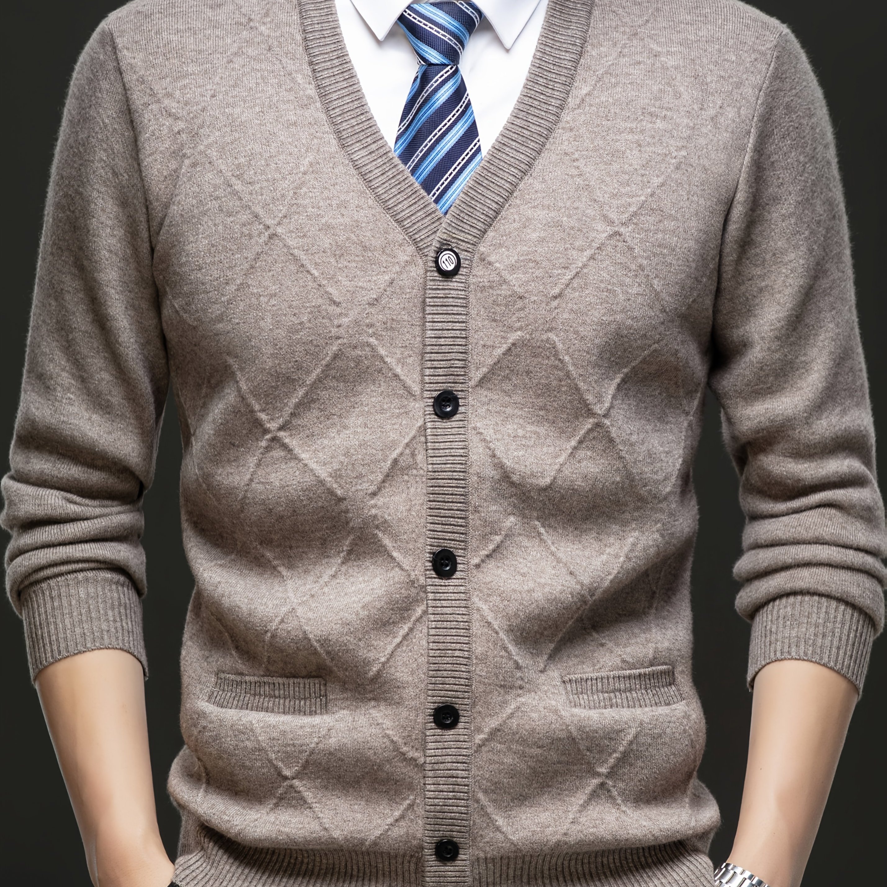 TEMU Autumn/winter -lined Knit Cardigan Jacket For Men, Thickened Casual V-neck Top
