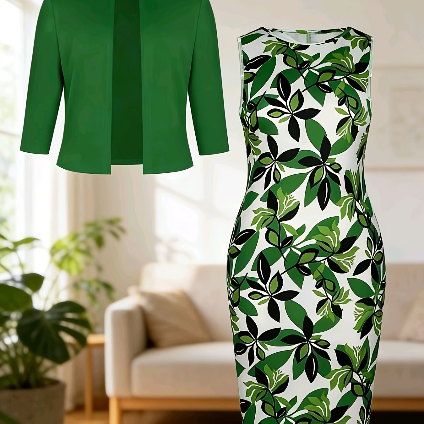 Green Outerwear Leaf Pattern Dress Set For Women | Design, Suitable For Dating, Commuting And Light Social Occasions.
