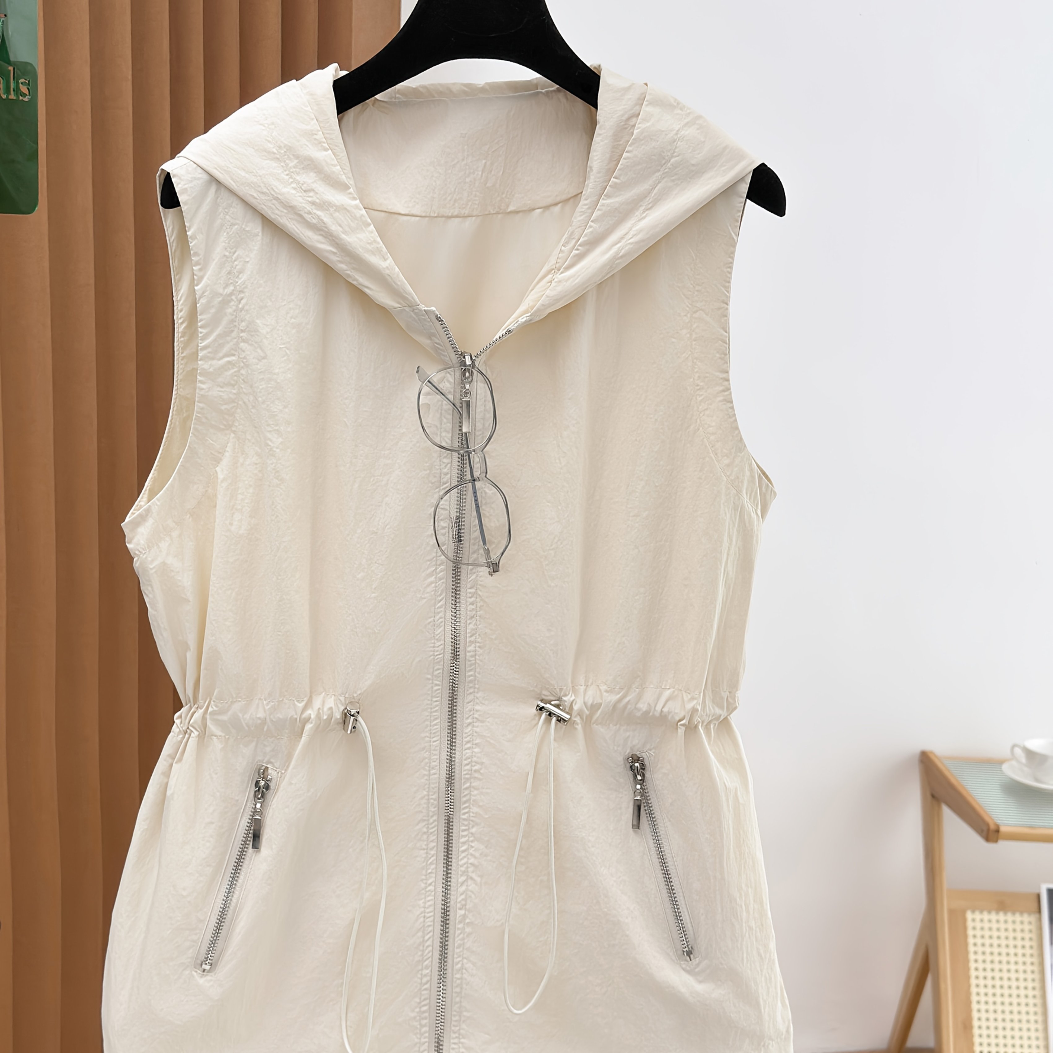 TEMU Spring/summer Commuter Fashion Versatile Solid Color Zipper Hooded Waist-cinching Women's Lightweight Sleeveless Vest Jacket