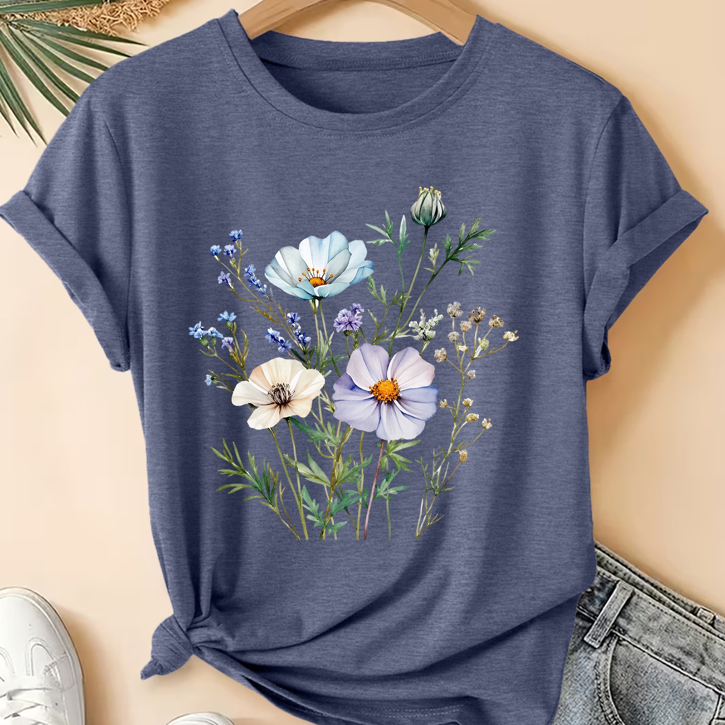 TEMU Women's Plus Size Persian Chrysanthemum T-shirt - Short Sleeve Round Neck Blouse-compatible Top | Non-sheer Opaque Machine Washable Suitable For