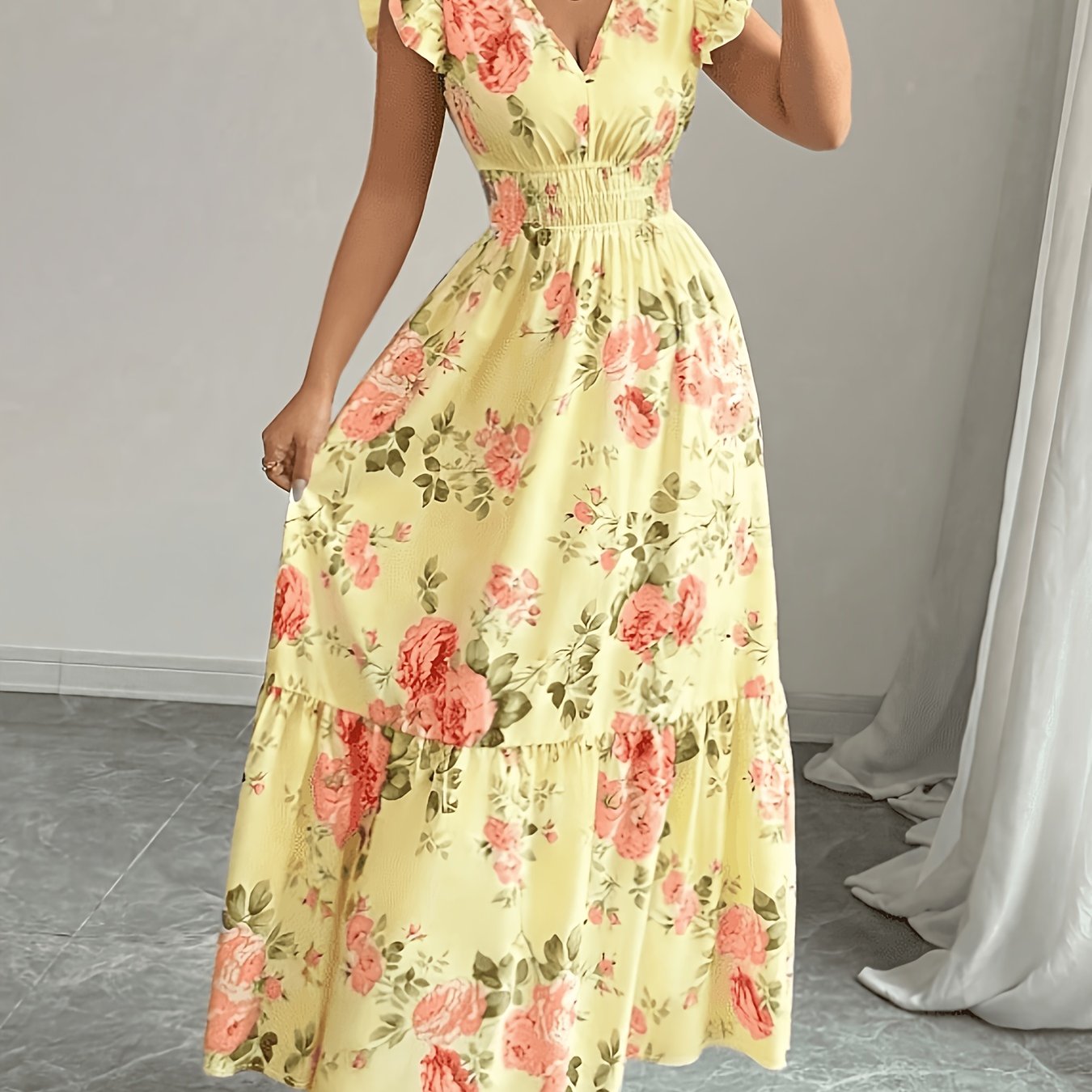 TEMU Fashionable And Elegant Mid-length Floral Print Dress For Women, 90015