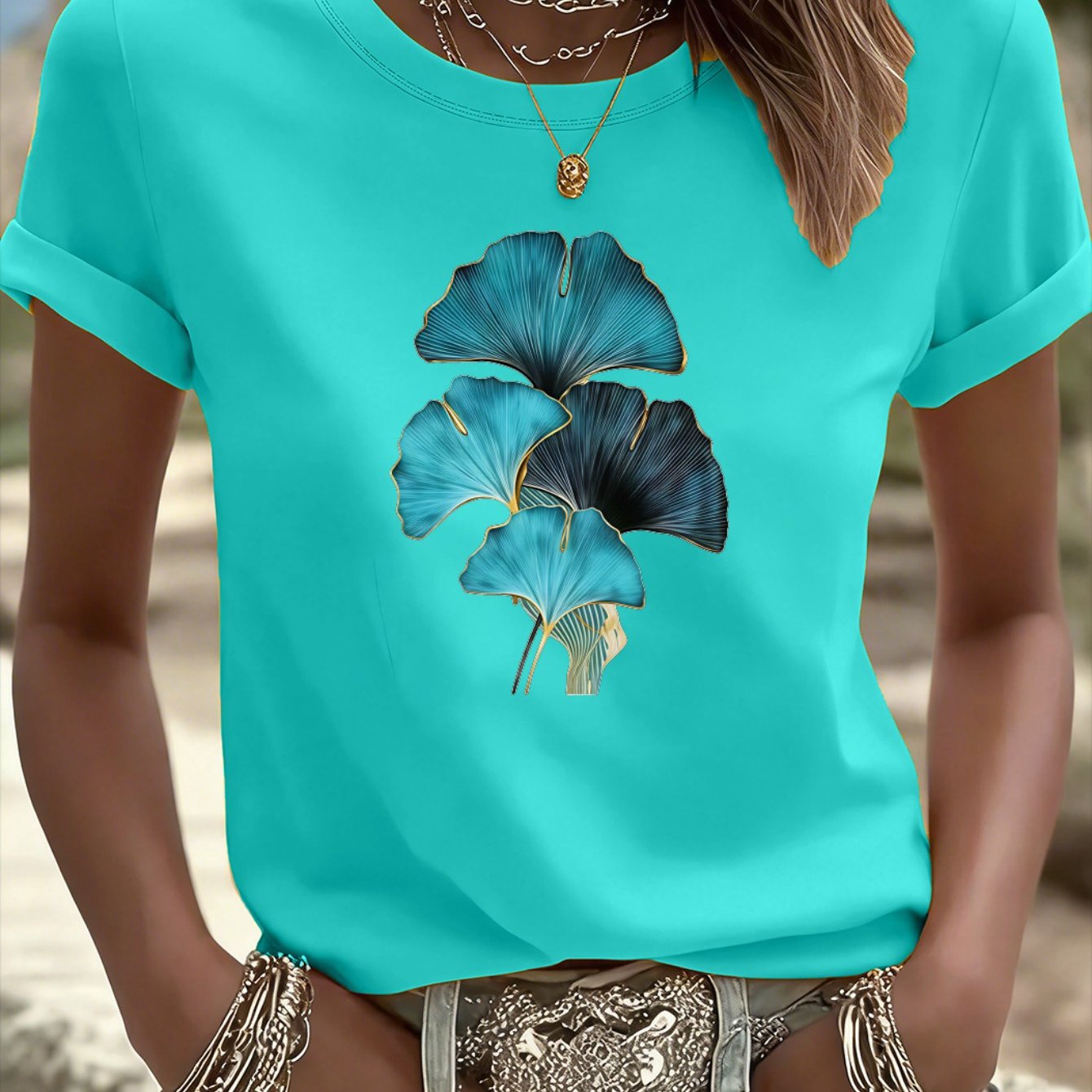 TEMU 3388# Elegant Women's Short-sleeve T-shirt, Fashionable For Commuting, Summer Essential, For Travel, Dates, Gifts, Vacations, Seaside Ginkgo