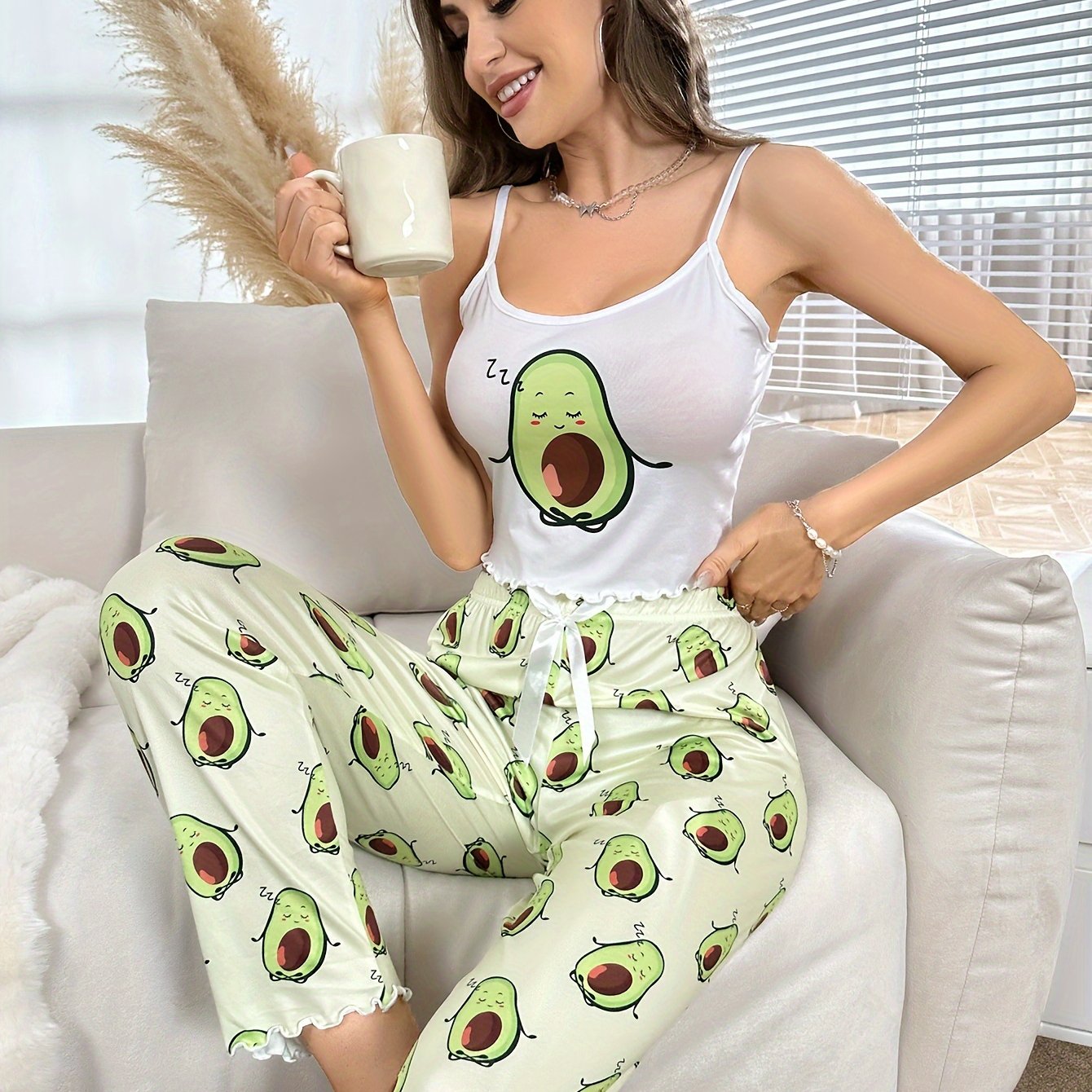 Graphic Print Lounge Set, Scoop Neck Lettuce Trim Cami Top & Pants, Women's Loungewear & Sleepwear