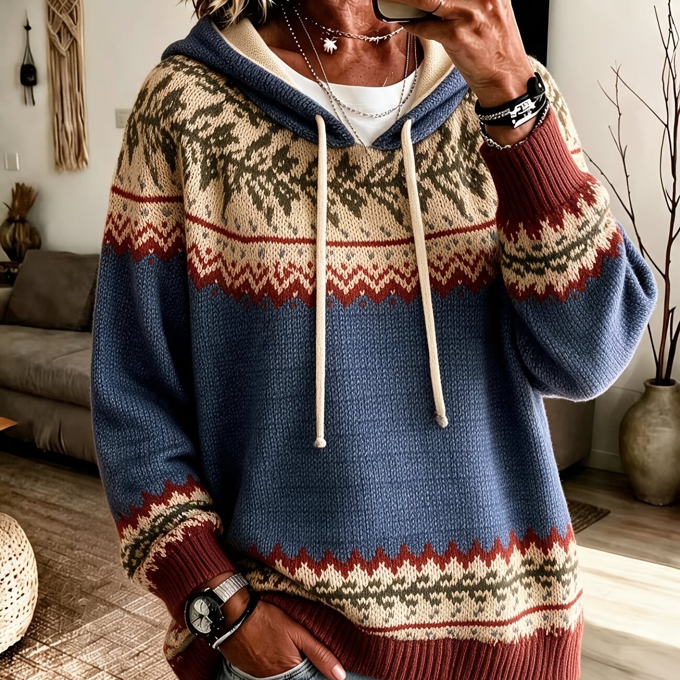 TEMU Pull à capuche pour femme, grande taille, motif plat 2D, nouveauté mode automne/hiver, manches longues, style ethnique motif color-block Fair