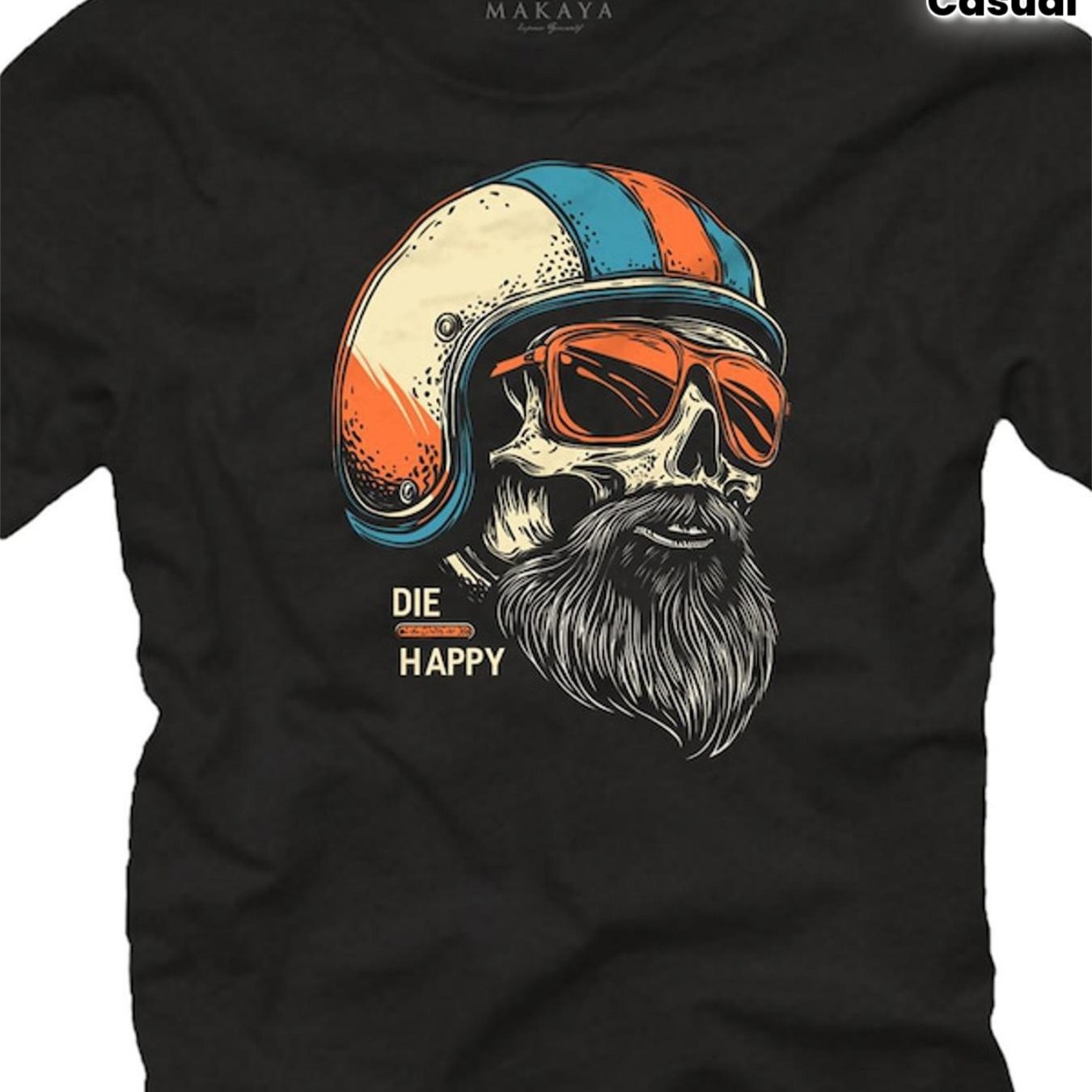 Image of Men's Motorcycle T-shirt With Skull Helmet Beard Design Biker Fun Die Happy Motif, Casual Crew Neck, Stretch Fabric, Regular Fit, Perfect For , Plus Size