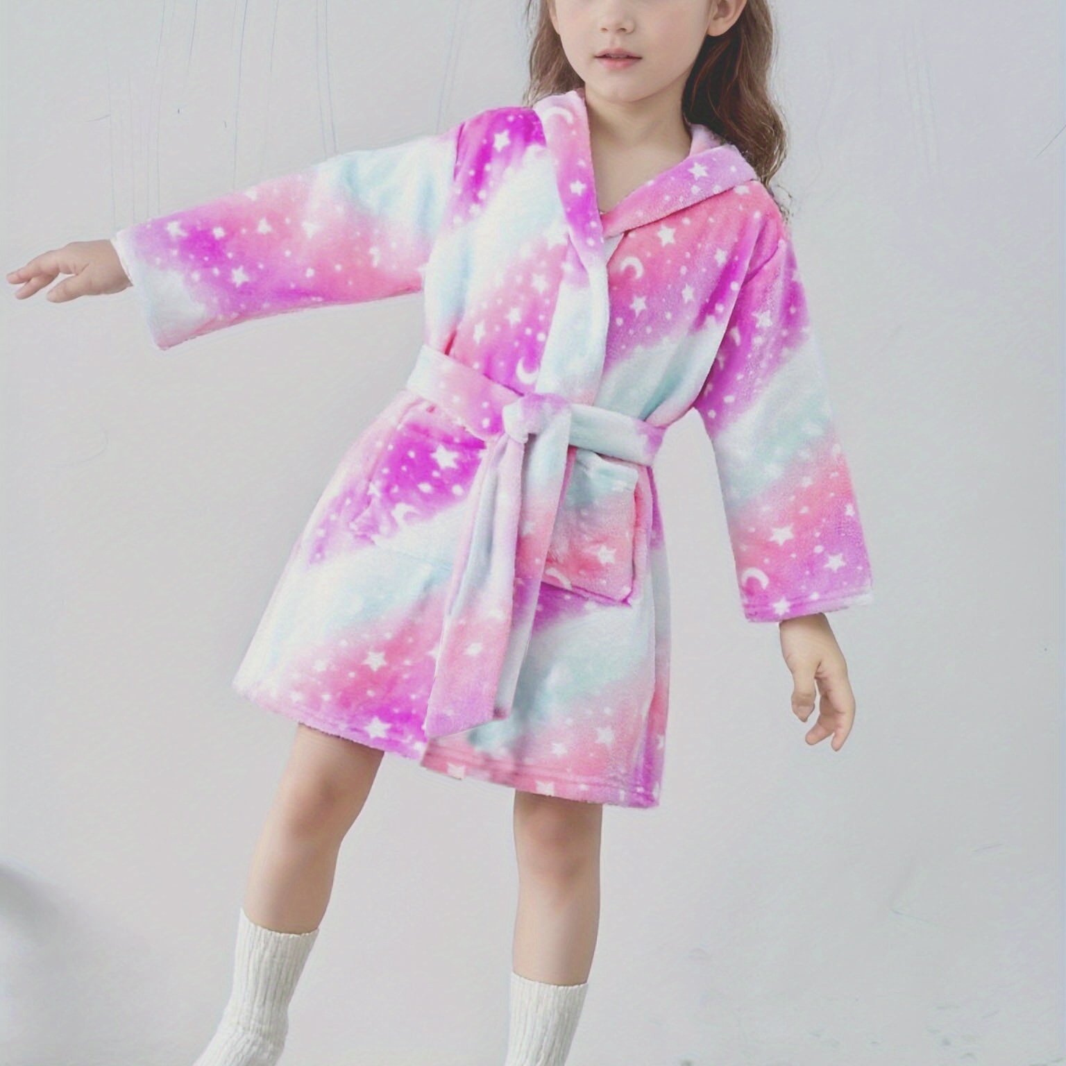 Girls' Cartoon Gradient Star Flannel Long Sleeve Hooded Robe, Spring Autumn Winter