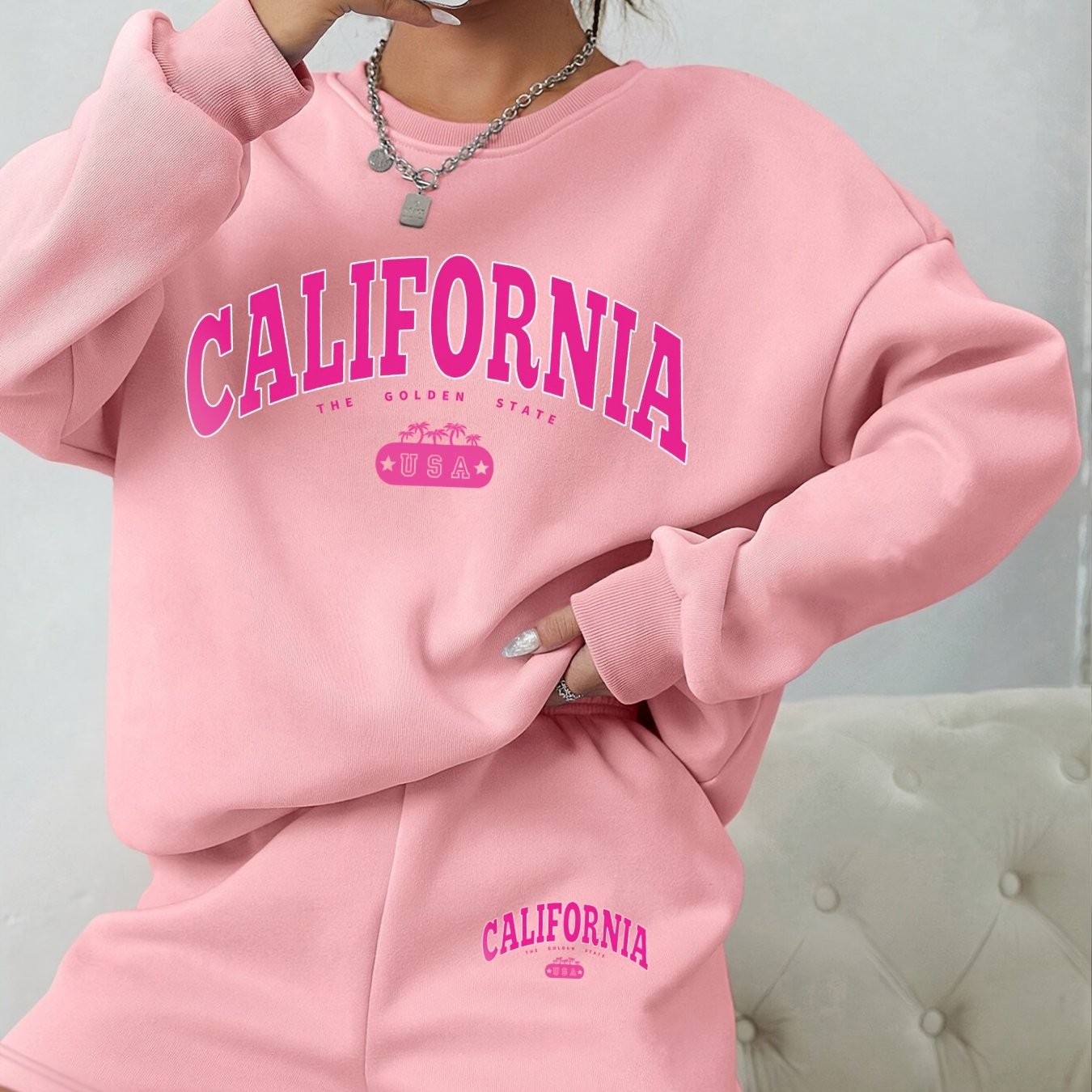 TEMU 1 Set Roze Sweatshirt met Ronde Hals en Shorts met Letterprint Lange Mouwen Sportshirt