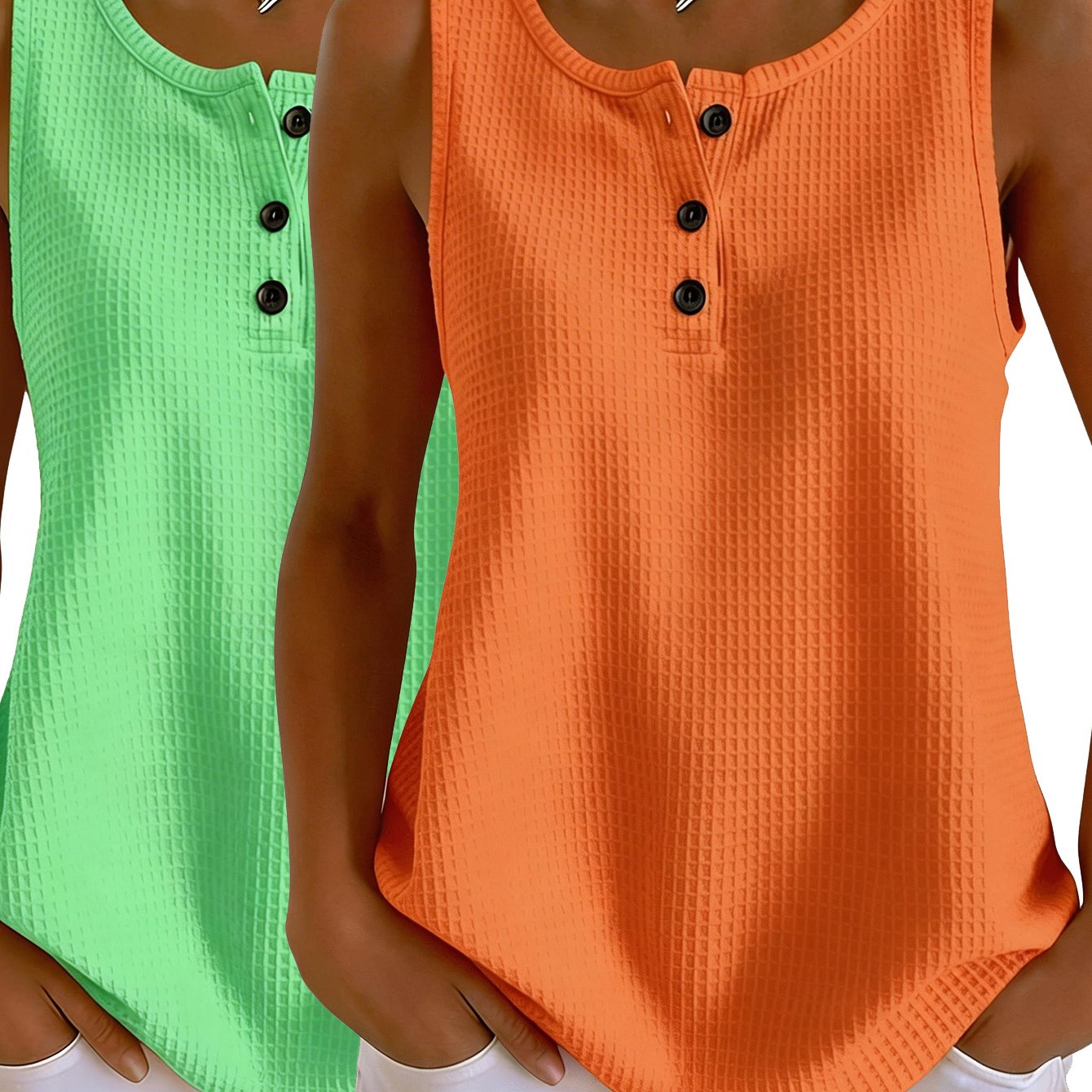 Plus Size - Plus Size - 2pcs Set Plus Size Women's Clothing Waffle Texture Elastic Vest Summer Sleeveless Henley Collar Loose Coverage Base Layer Pullover Sleeveless Top