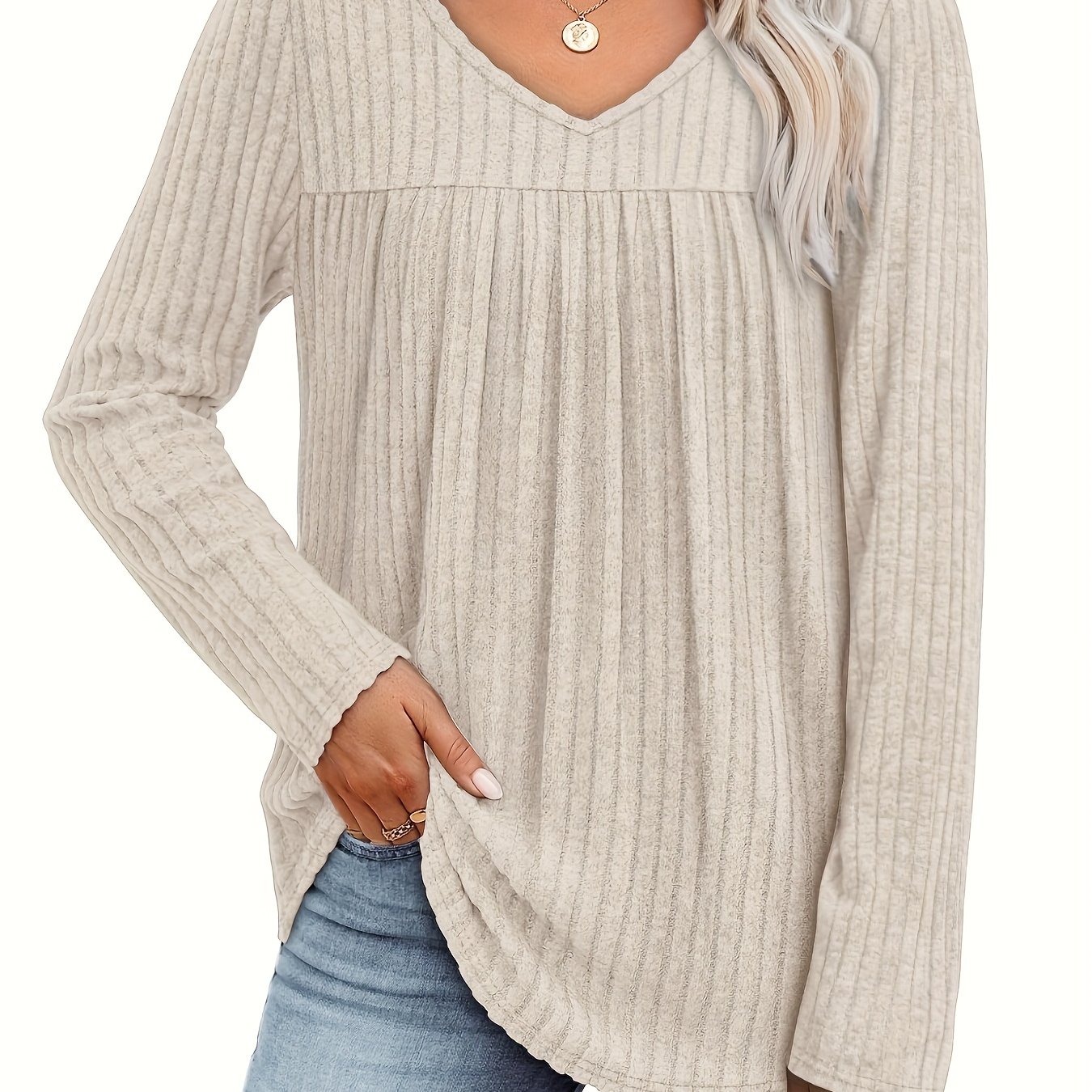 TEMU Plus Size, European And American Cross-border Autumn/winter New Long Sleeve V-neck Pleated Ribbed Terry Fabric Comfortable T-shirt Plus Size