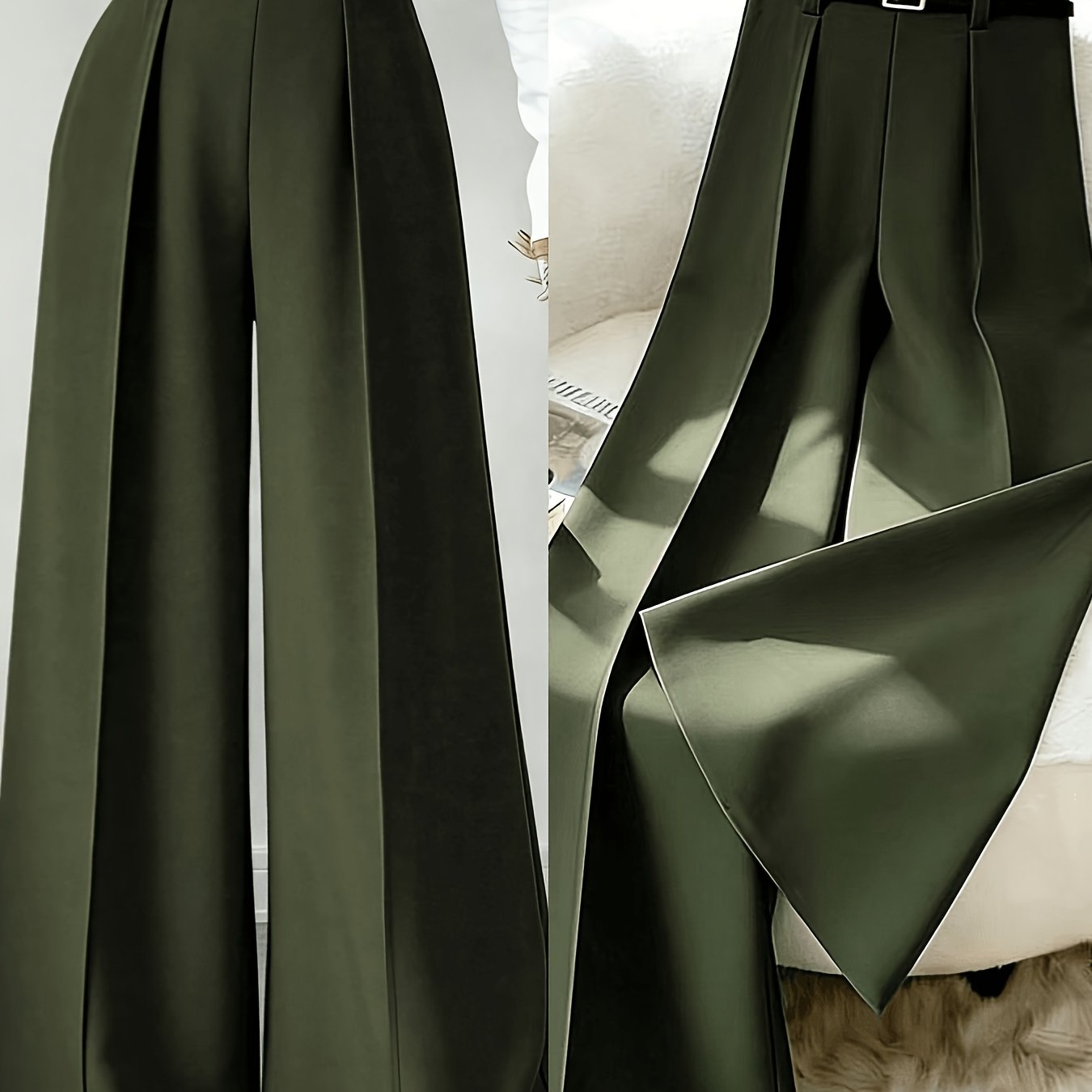 TEMU Women's High-waist Wide-leg Trousers With Elastic Waistband - Solid Color Straight-leg Pants Suitable For, Formal & Casual Attire, Beltless,