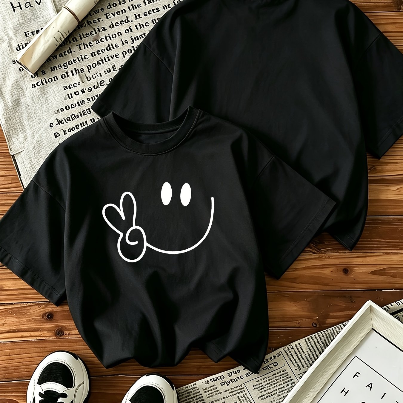 Image of 100% Oversized T-shirt - Loose Drop Shoulder Round Neck Short Sleeve Top Sign Smile Print, Casual Casual Attire Suitable For , Machine Washable -line