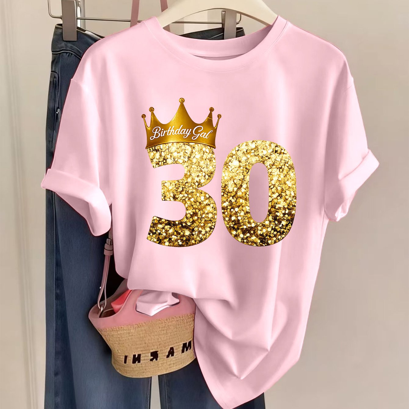 TEMU 1pc Women's Fashion 30th Birthday Crown Letter Print Crew Neck Short Sleeve T-shirt, Casual And Comfortable For Daily Wear, A That Trendy Prints