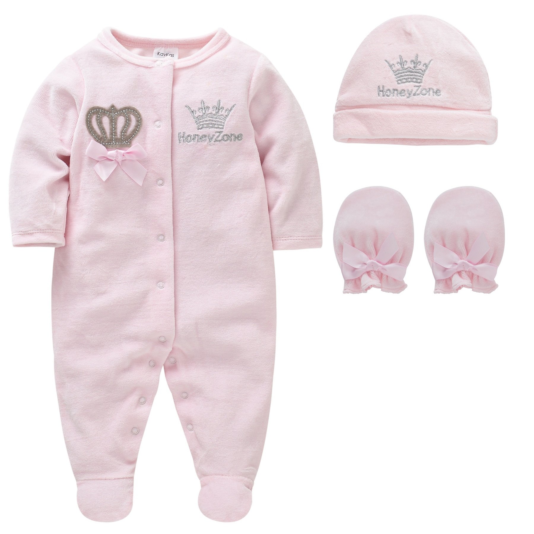 Image of Baby Girl Fleece Pink Crown Long Sleeve Footed Jumpsuit Set, For Outdoor