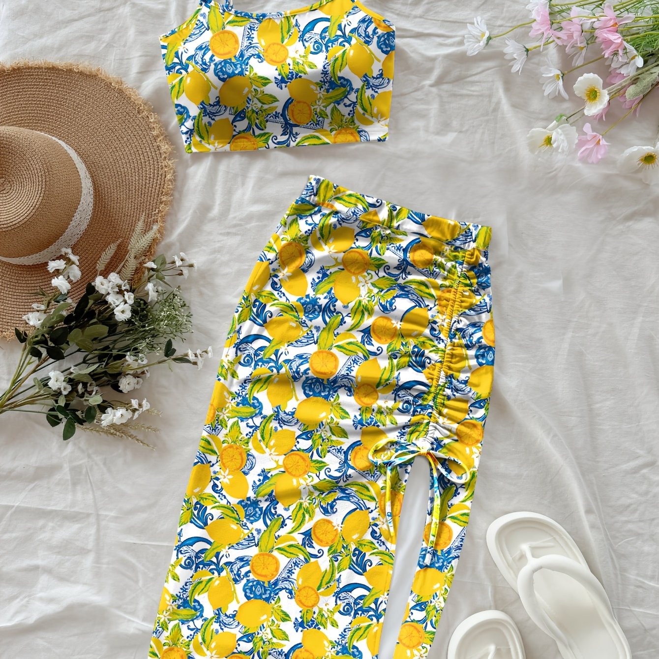 TEMU Women's Fashion Women's Suit Casual Lemon Print Short Sling Hip Wrap Skirt Women'-piece Set