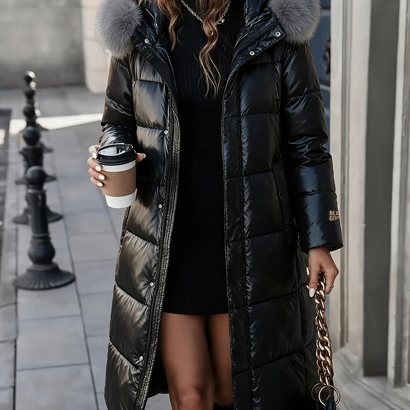 TEMU New Women's Black And Golden Faux Padded, Long Slim-, Thickened With Large Collar, Long Padded Padded Jacket