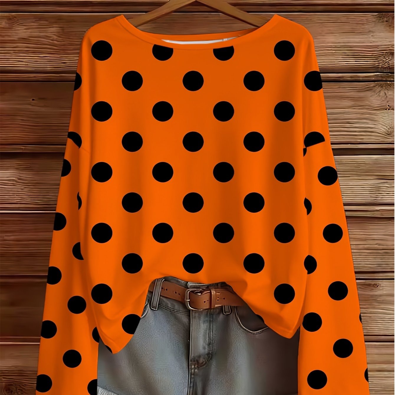 TEMU Plus Size - Spring/autumn Comfortable Loose Plus Size Women's Clothing, Large Round Neck Women's Top With Orange Background Black Polka Dot