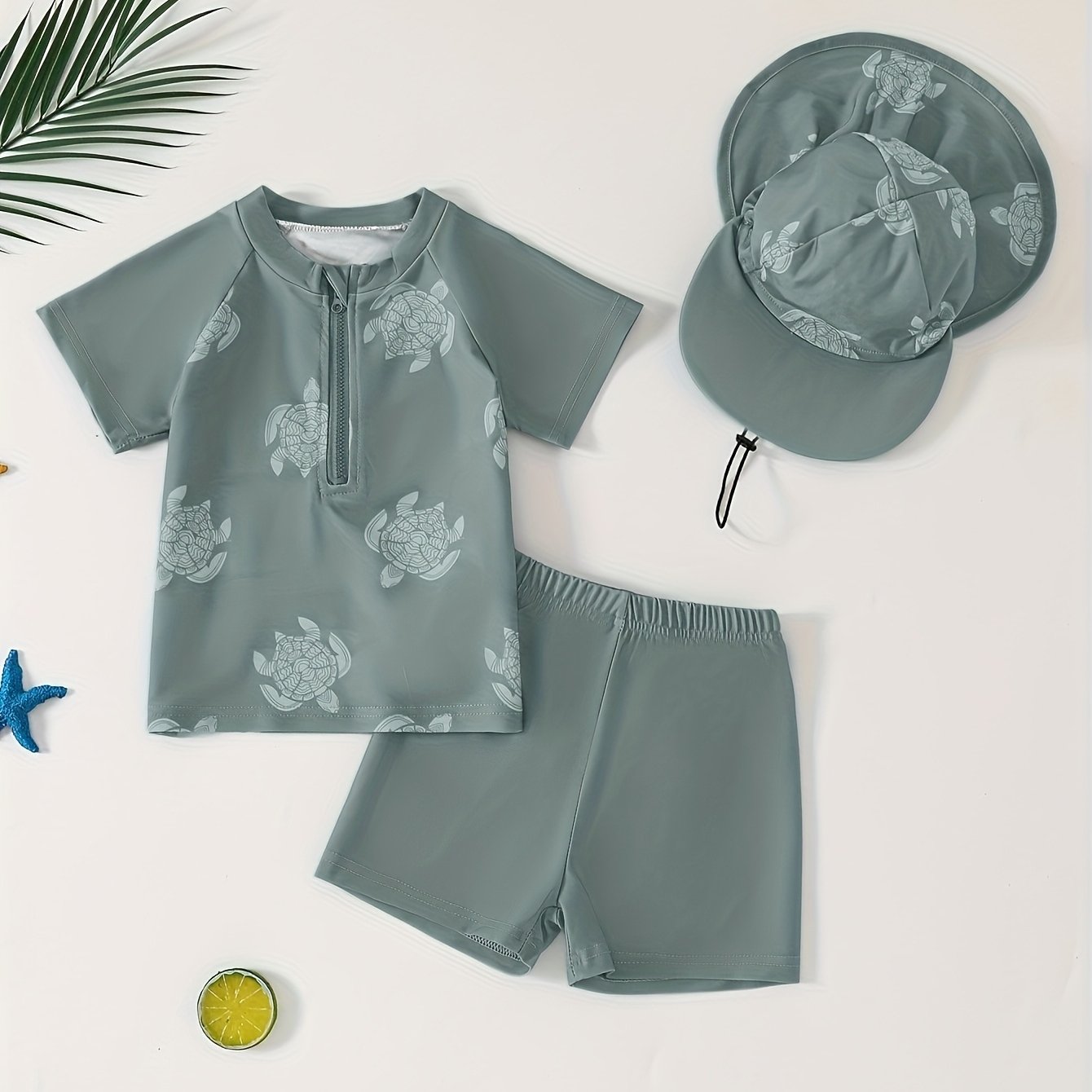 3pcs Cute Whale Pattern Boys' Elastic Surfing T-shirt, Swimming Trunks, And Hat Beach Vacation Swimwear