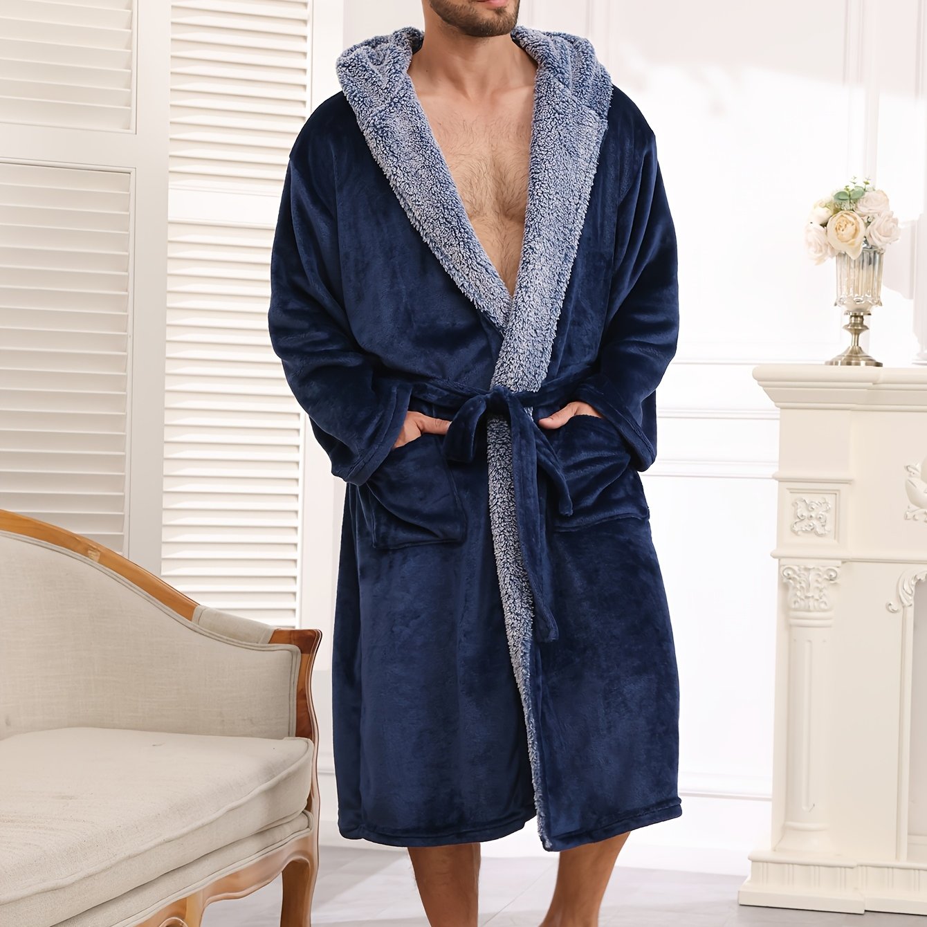 E-shop Herren Flanell-Bademantel/Schlafmantel mit Kapuze, bequem weich, geeignet für Zuhause andere Anlässe