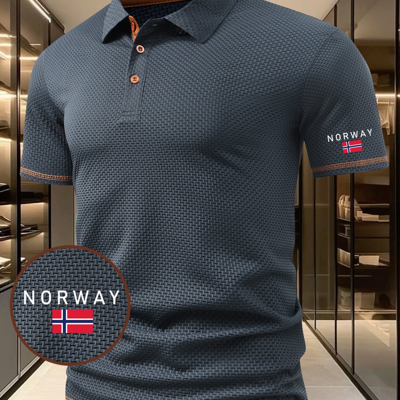 TEMU Norway Pattern Men's Outdoor Golf & Equestrian Casual Shirt With Short Sleeves, Textured Fabric, Color . Mature Men's Business Casual Jacquard