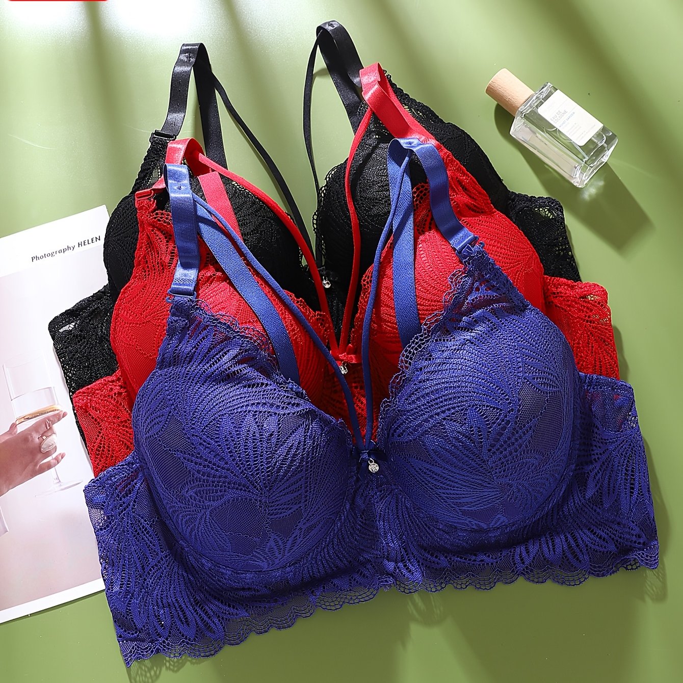 Image of 3pcs Set Of Fashionable Luxurious Plus Size Women's Bras Solid Color Deep V Lace Women's Lingerie