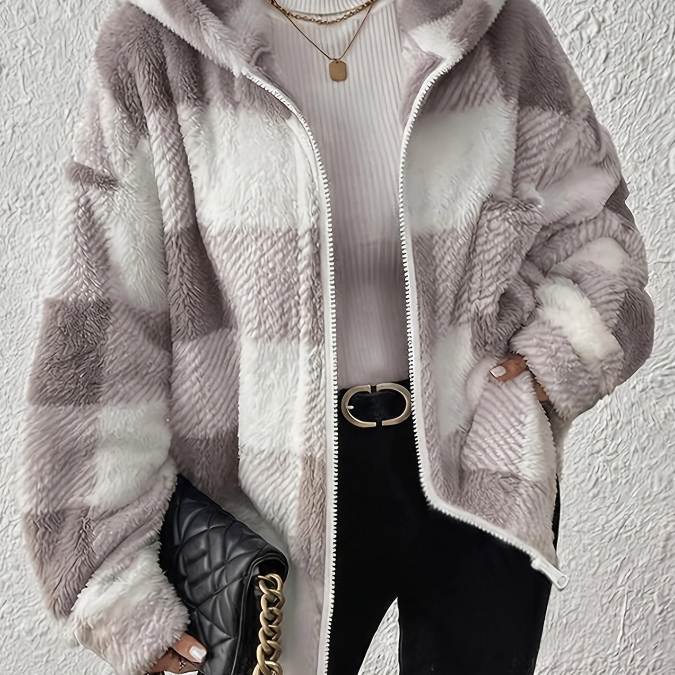 TEMU giacca da donna in peluche scozzese /inverno 2026, giacca a cappuccio con cerniera, tasche e vestibilit� a grigio e , casual e tipo teddy