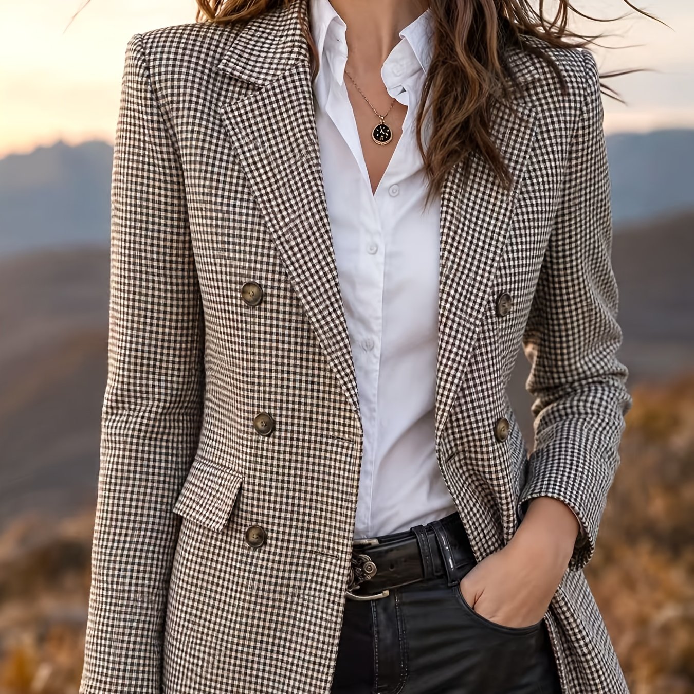TEMU Loose 's Clothing, 1pc Plaid Double-breasted Lapel Long Sleeve Button-up Fashionable And Elegant Blazer Jacket Ns702