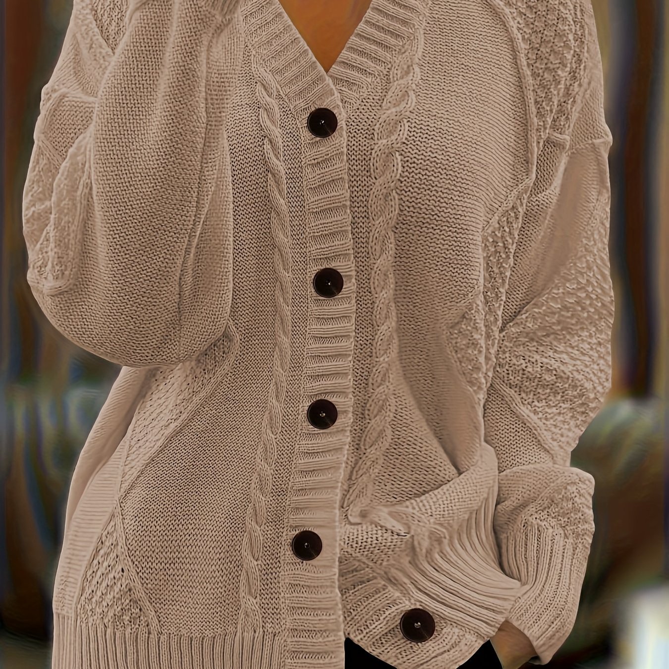 E-shop Cardigan in Übergröße, einfarbig, mit Knöpfen, Drop-Twist-Zopfstrick, lässiger langärmeliger bequemer Pullover, Damenbekleidung